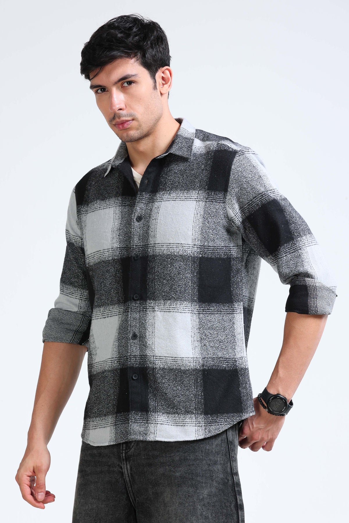 Brushing Checks Flannel Shirt Grey Black