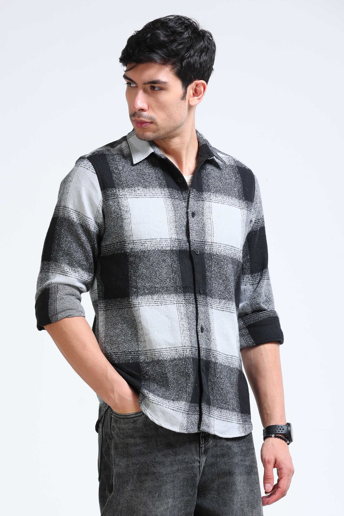 Brushing Checks Flannel Shirt Grey Black