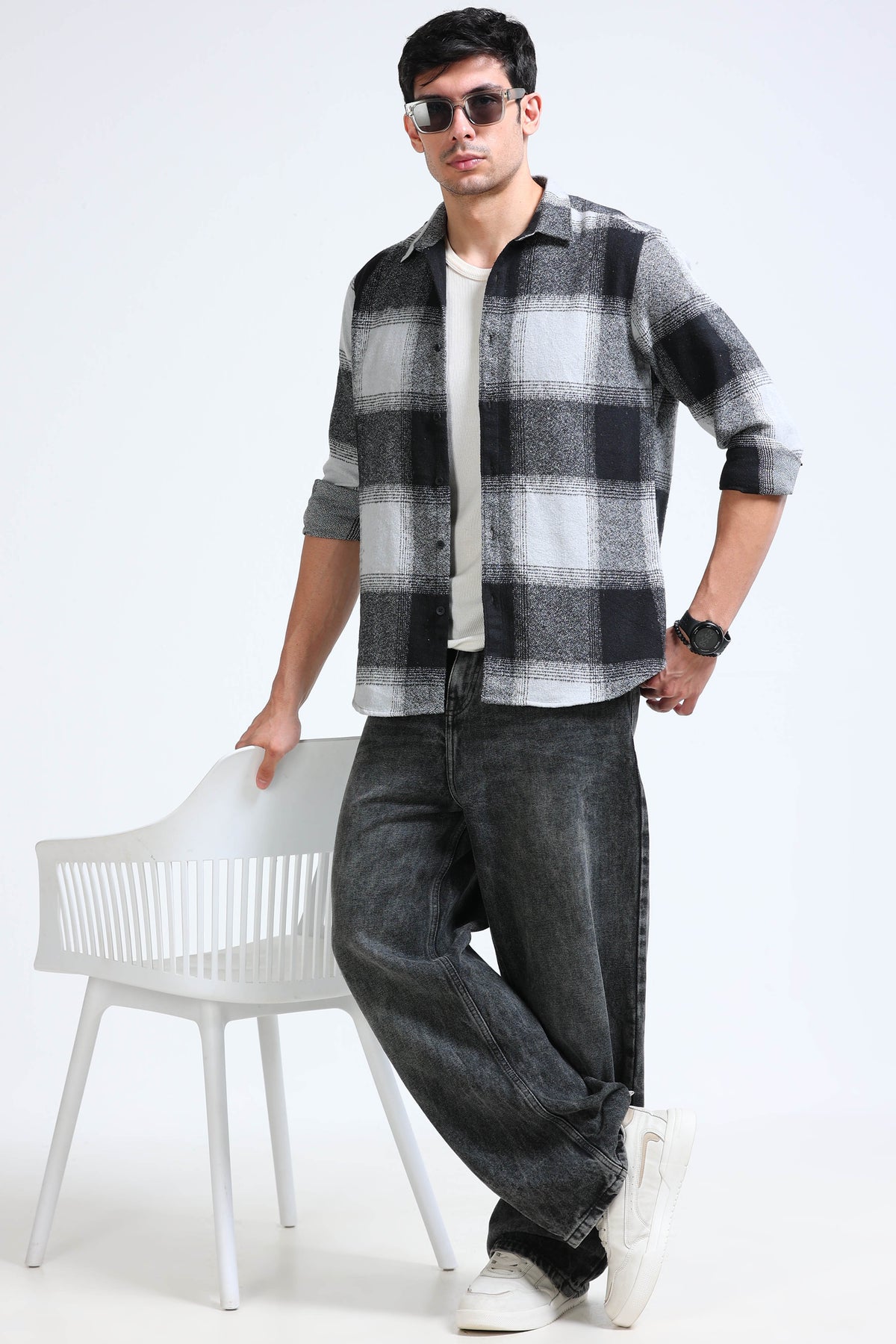 Brushing Checks Flannel Shirt Grey Black