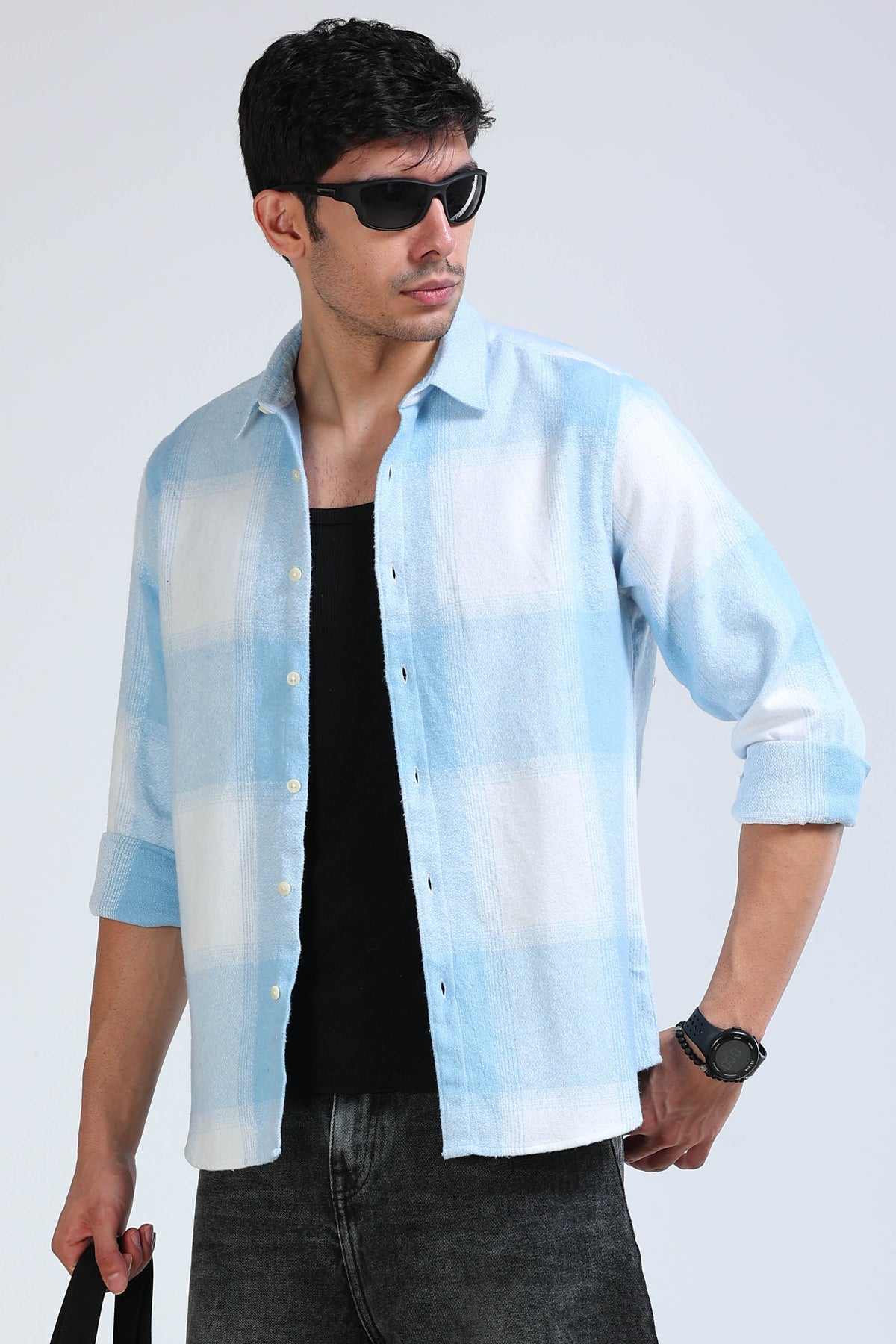 Brushing Checks Flannel Shirt Sky Blue