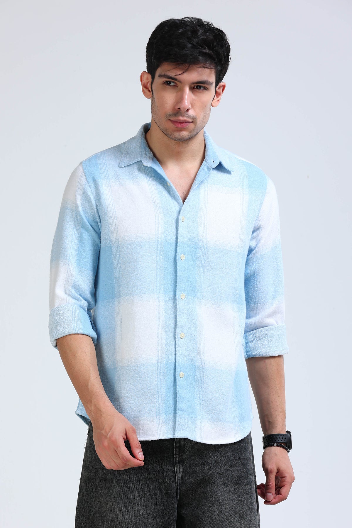 Brushing Checks Flannel Shirt Sky Blue