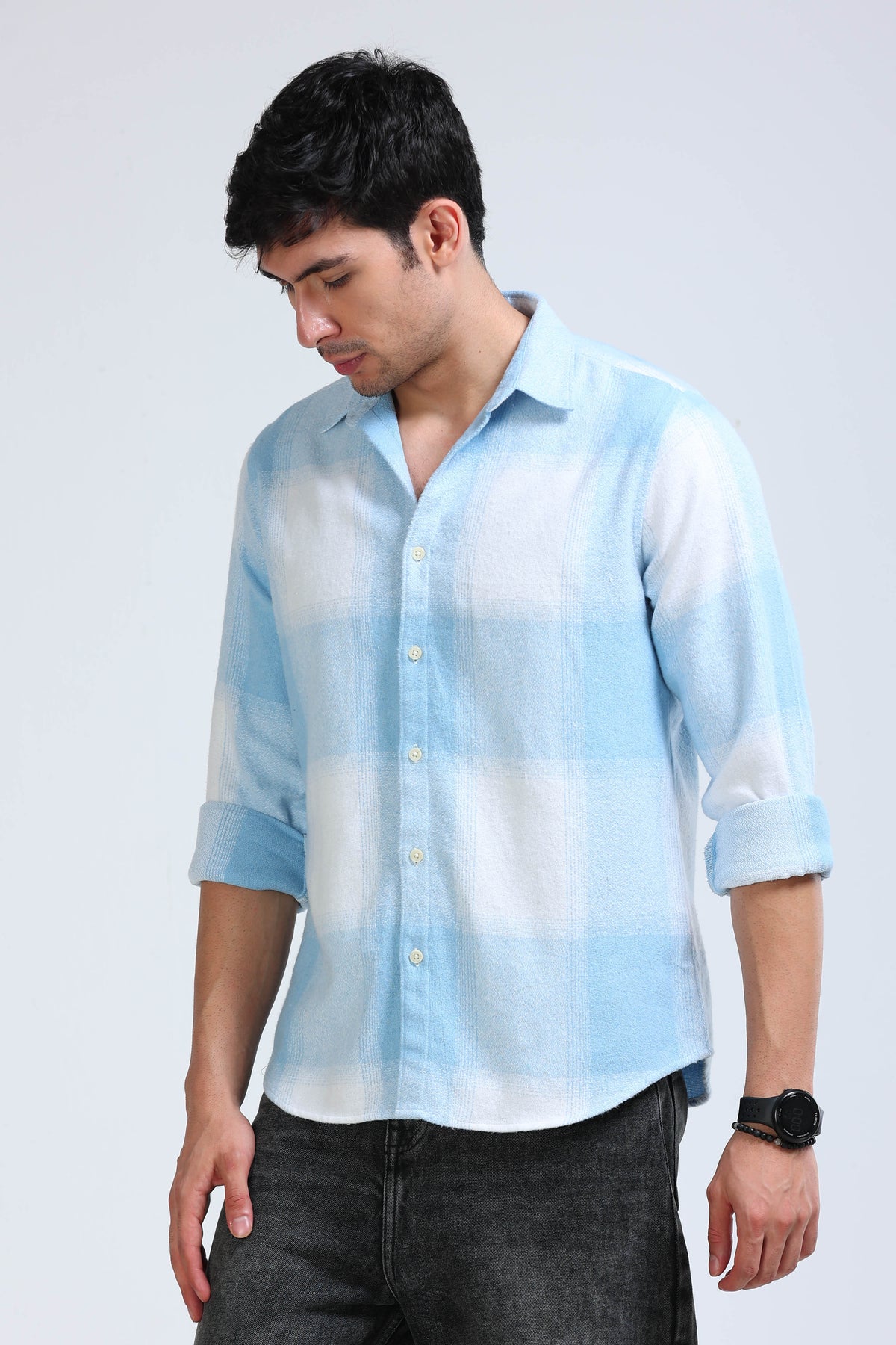 Brushing Checks Flannel Shirt Sky Blue