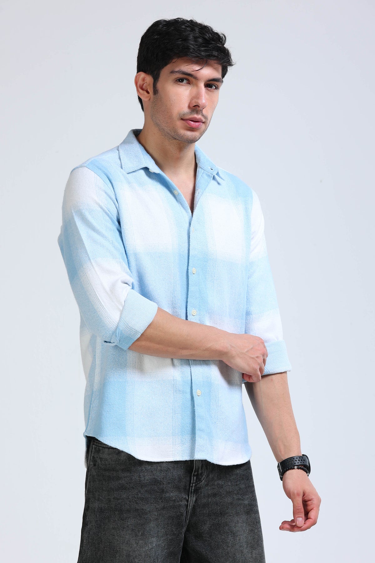 Brushing Checks Flannel Shirt Sky Blue
