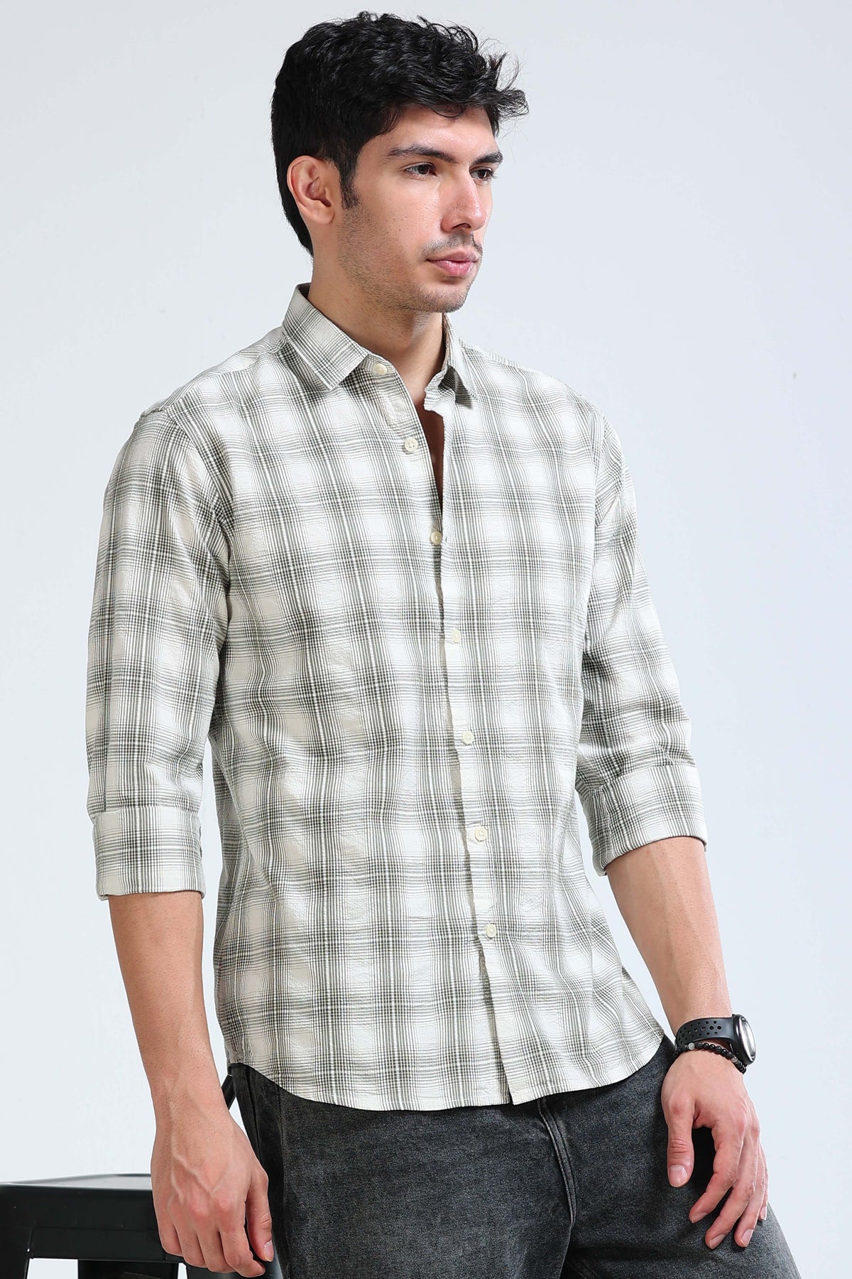 Green Cream Checked Shirt - Slim Fit