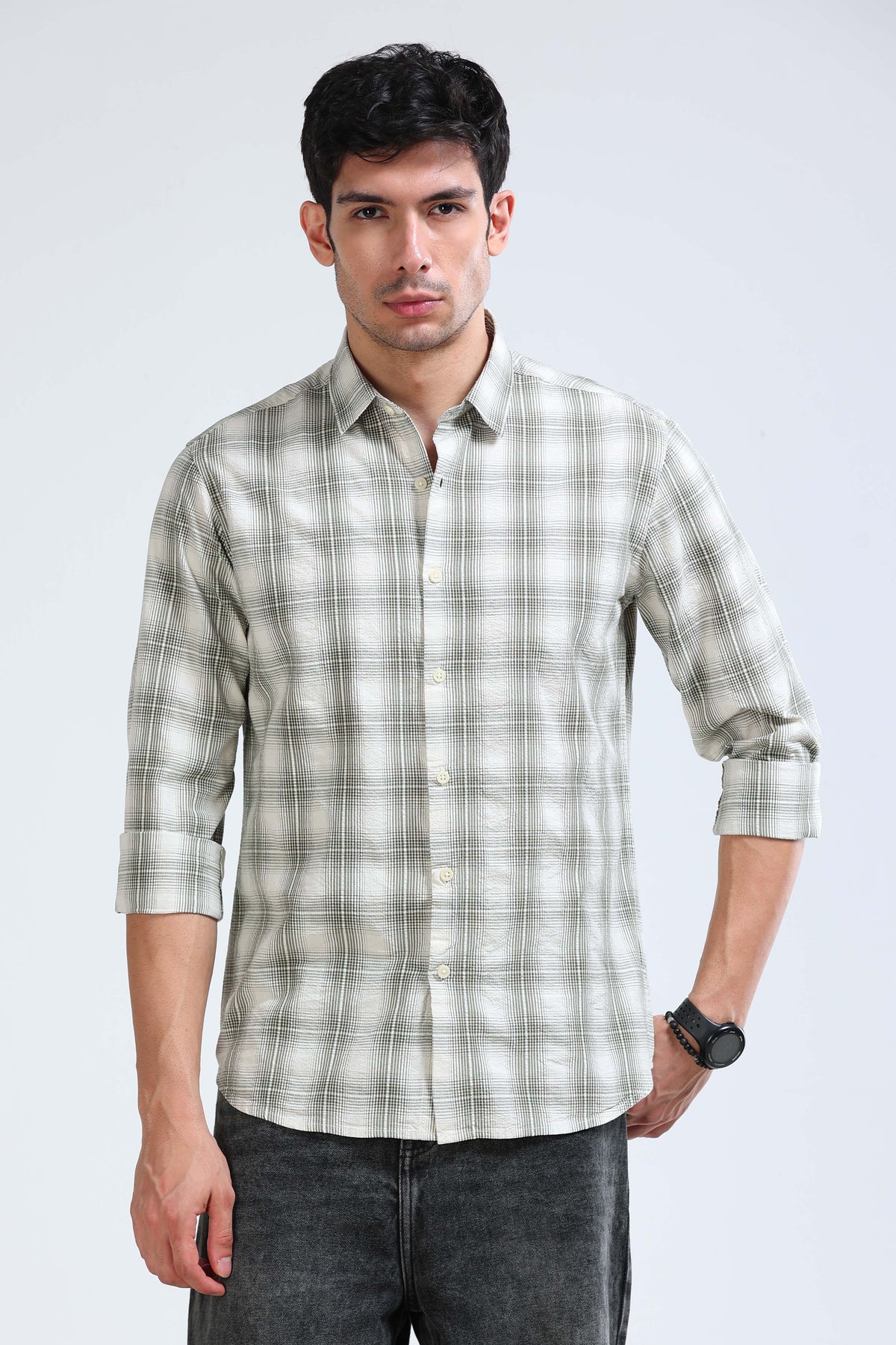 Green Cream Checked Shirt - Slim Fit