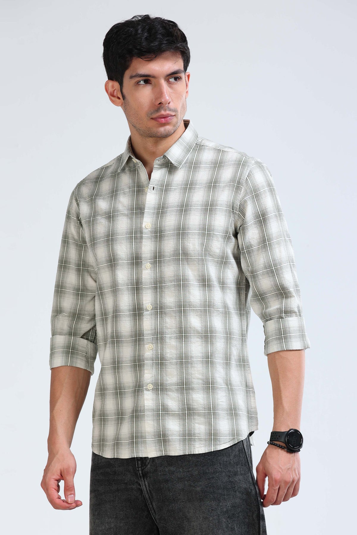 Green Cream Checked Shirt - Slim Fit