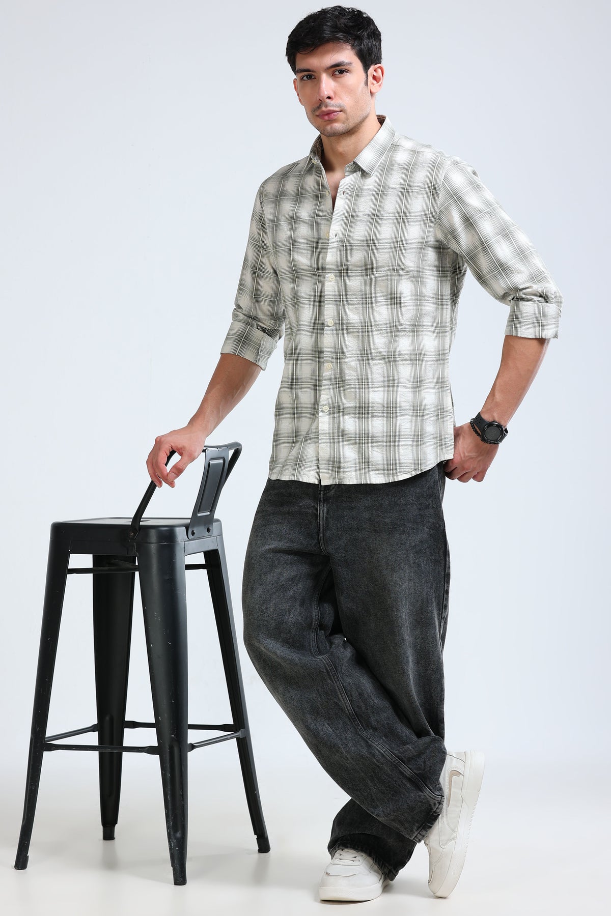 Green Cream Checked Shirt - Slim Fit