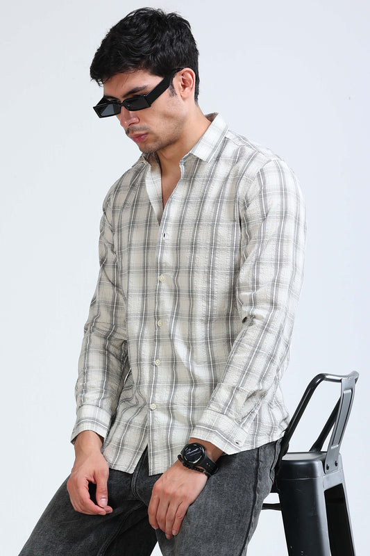 Cream Black Checked Shirt - Slim Fit