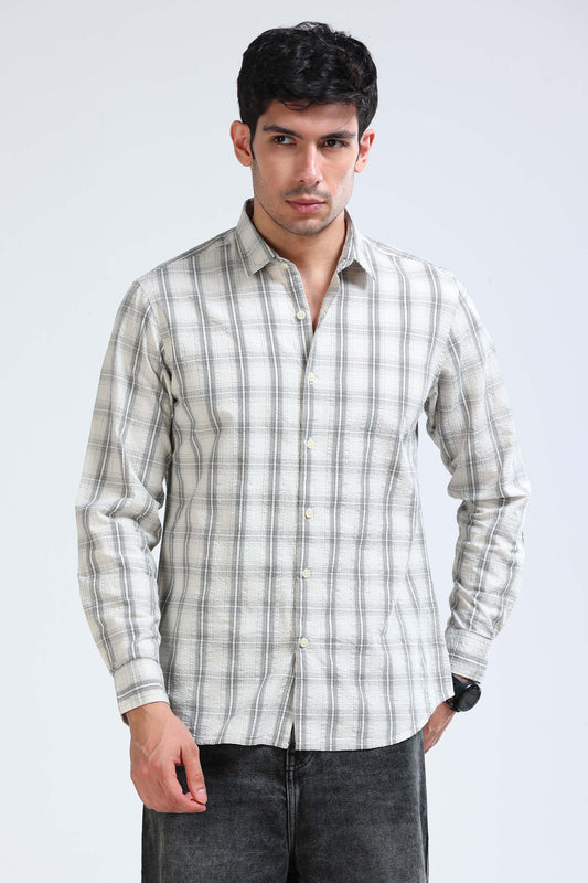 Cream Black Checked Shirt - Slim Fit