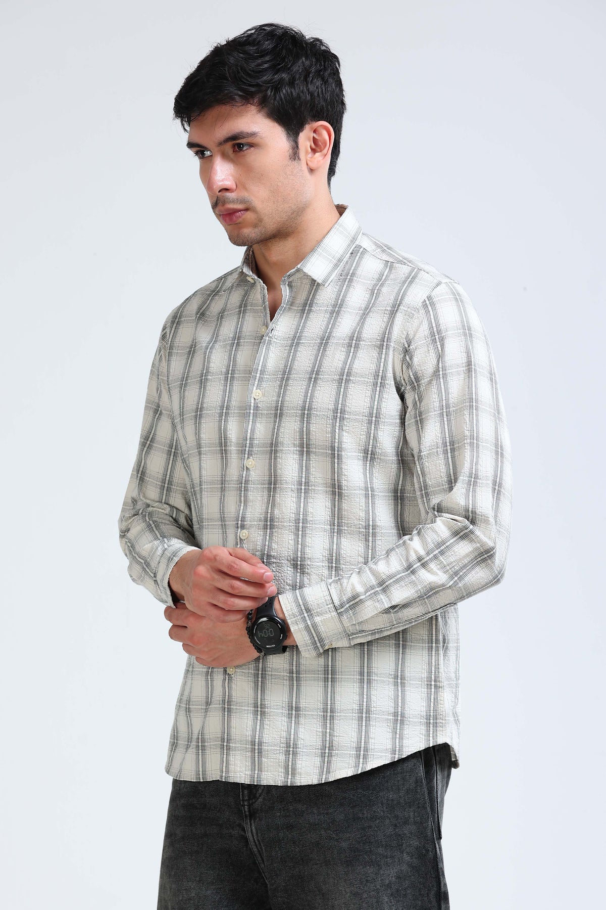 Cream Black Checked Shirt - Slim Fit
