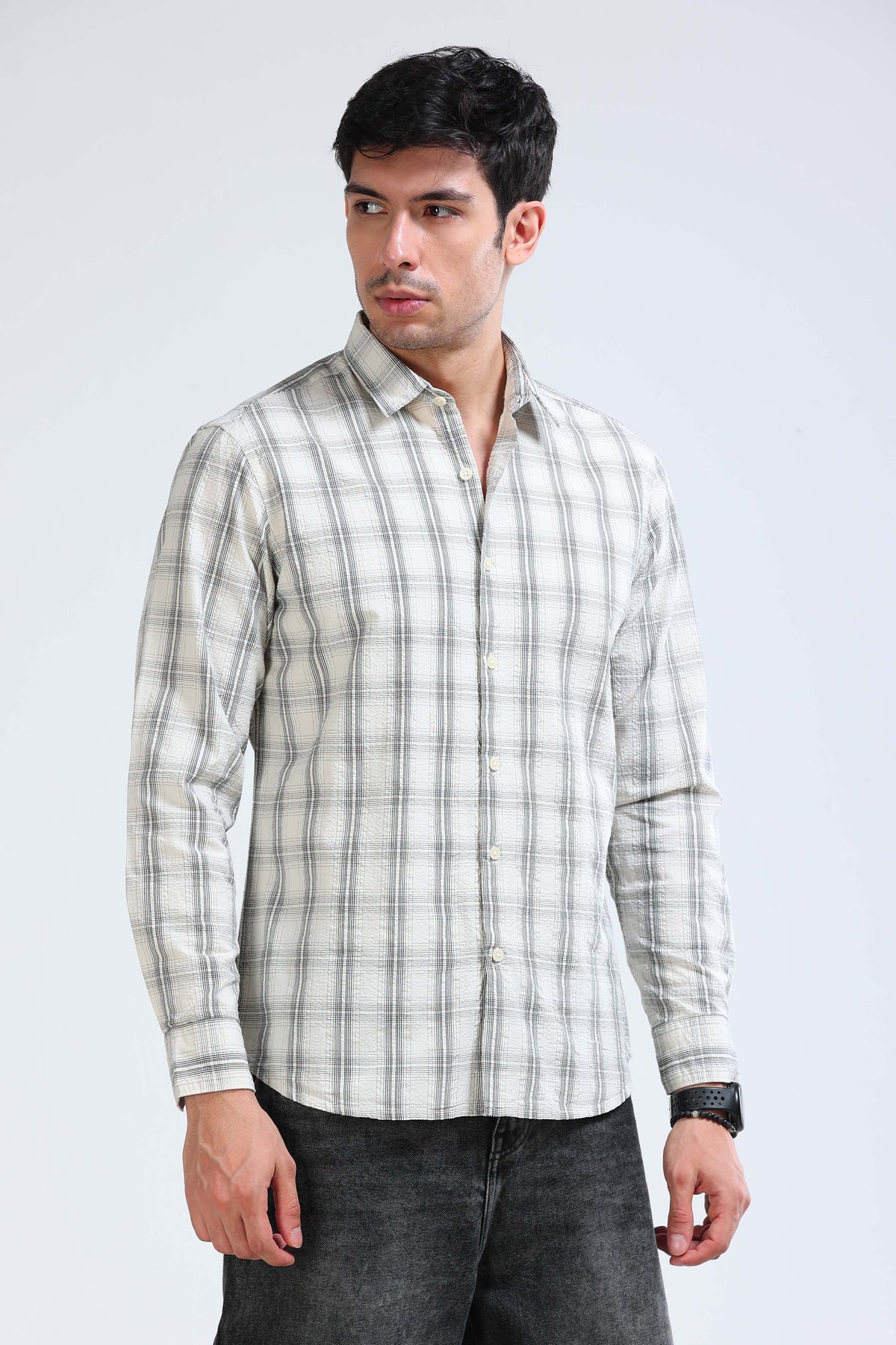 Cream Black Checked Shirt - Slim Fit