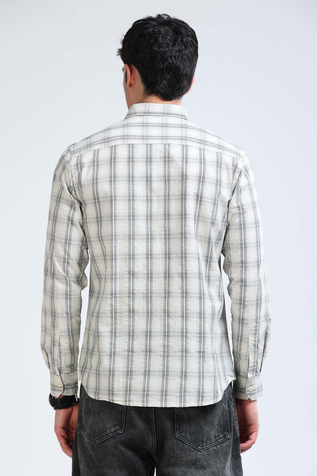 Cream Black Checked Shirt - Slim Fit