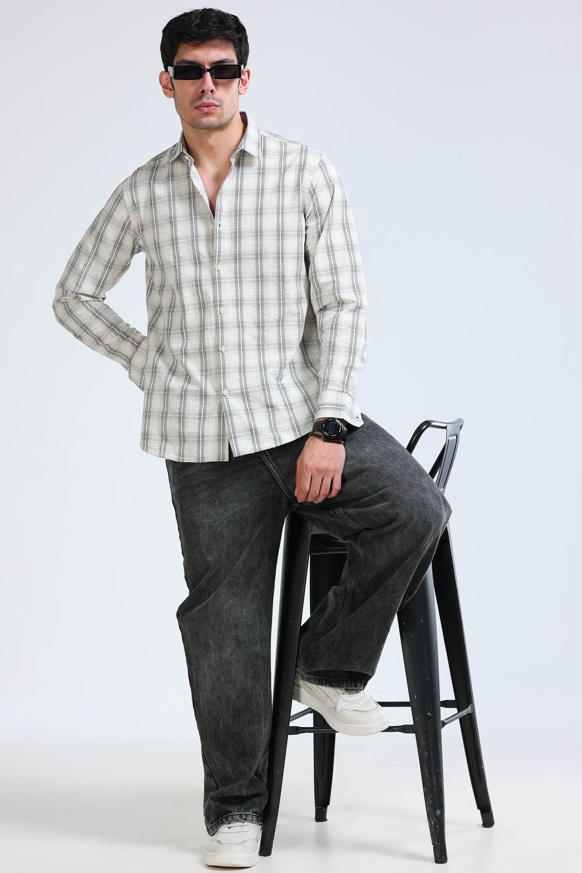 Cream Black Checked Shirt - Slim Fit