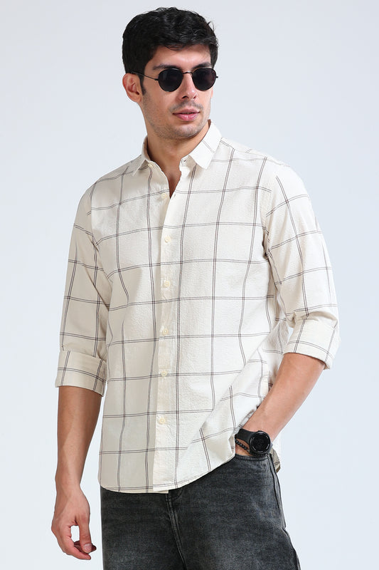 Cream Beige Checked Shirt - Slim Fit