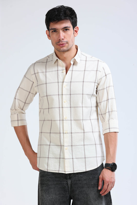 Cream Beige Checked Shirt - Slim Fit