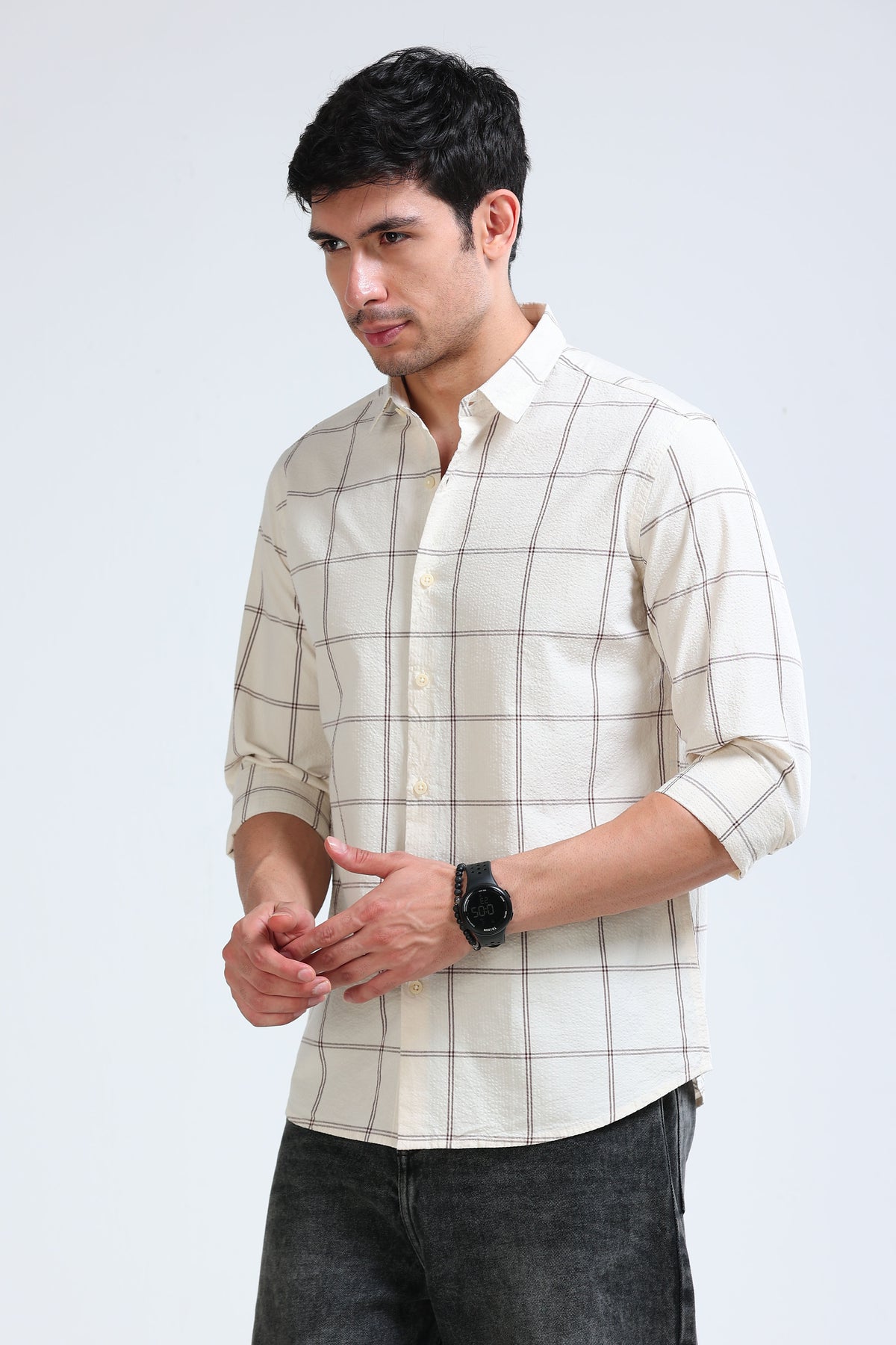 Cream Beige Checked Shirt - Slim Fit
