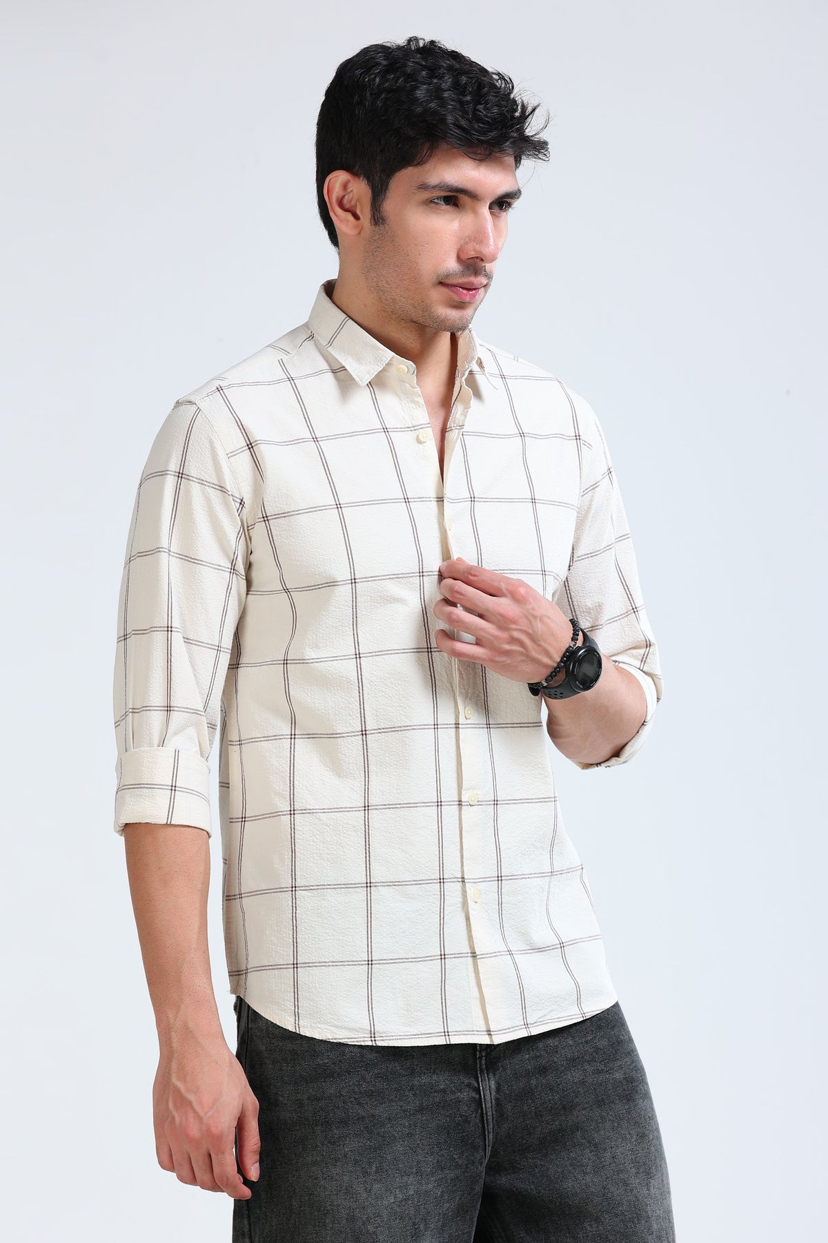 Cream Beige Checked Shirt - Slim Fit