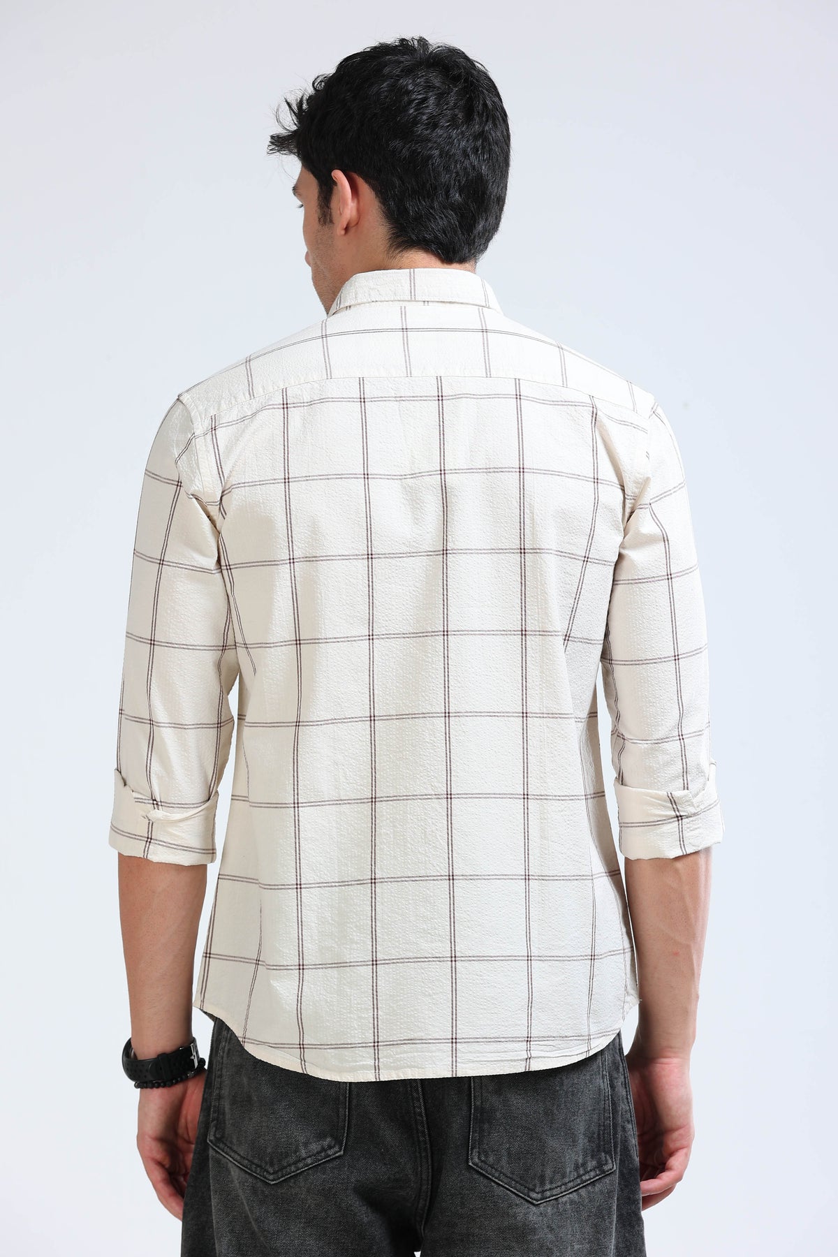 Cream Beige Checked Shirt - Slim Fit
