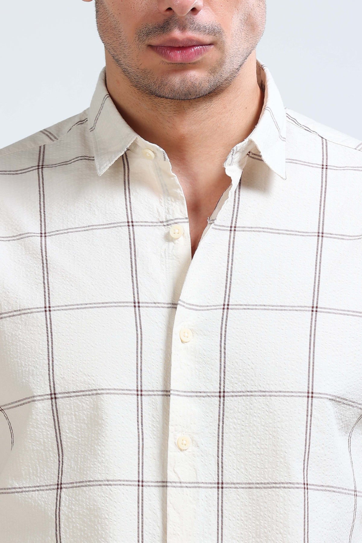 Cream Beige Checked Shirt - Slim Fit