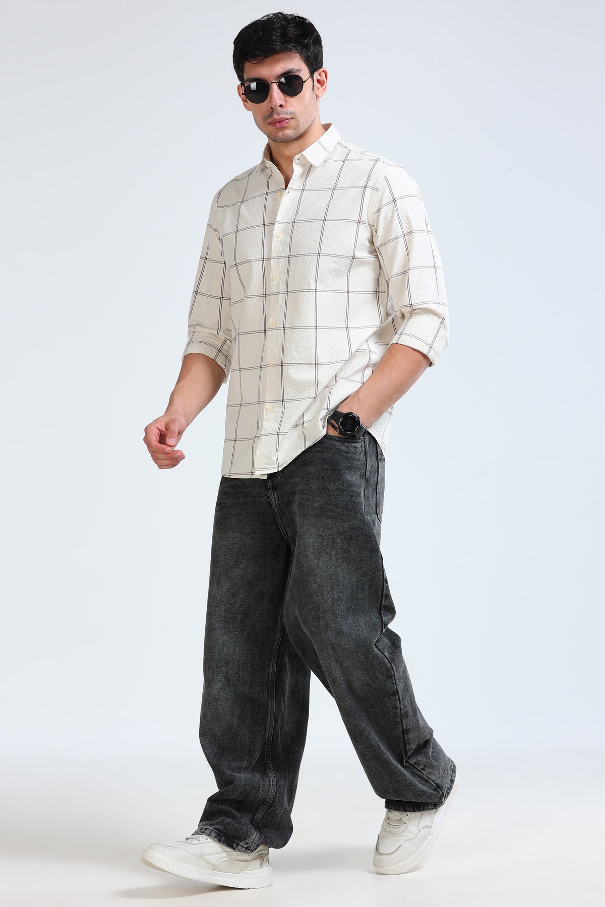 Cream Beige Checked Shirt - Slim Fit