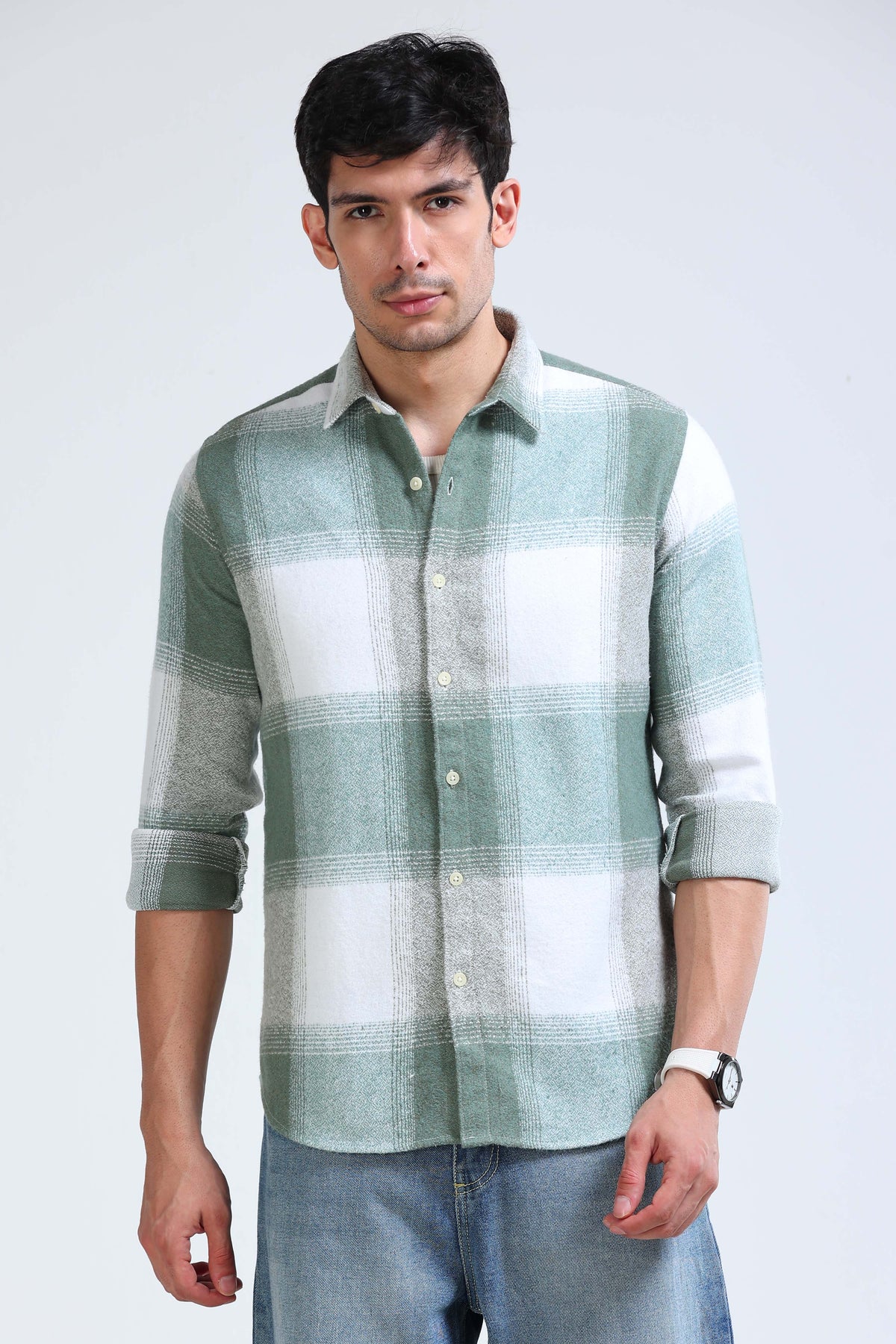 Brushing Checks Flannel Shirt Olive