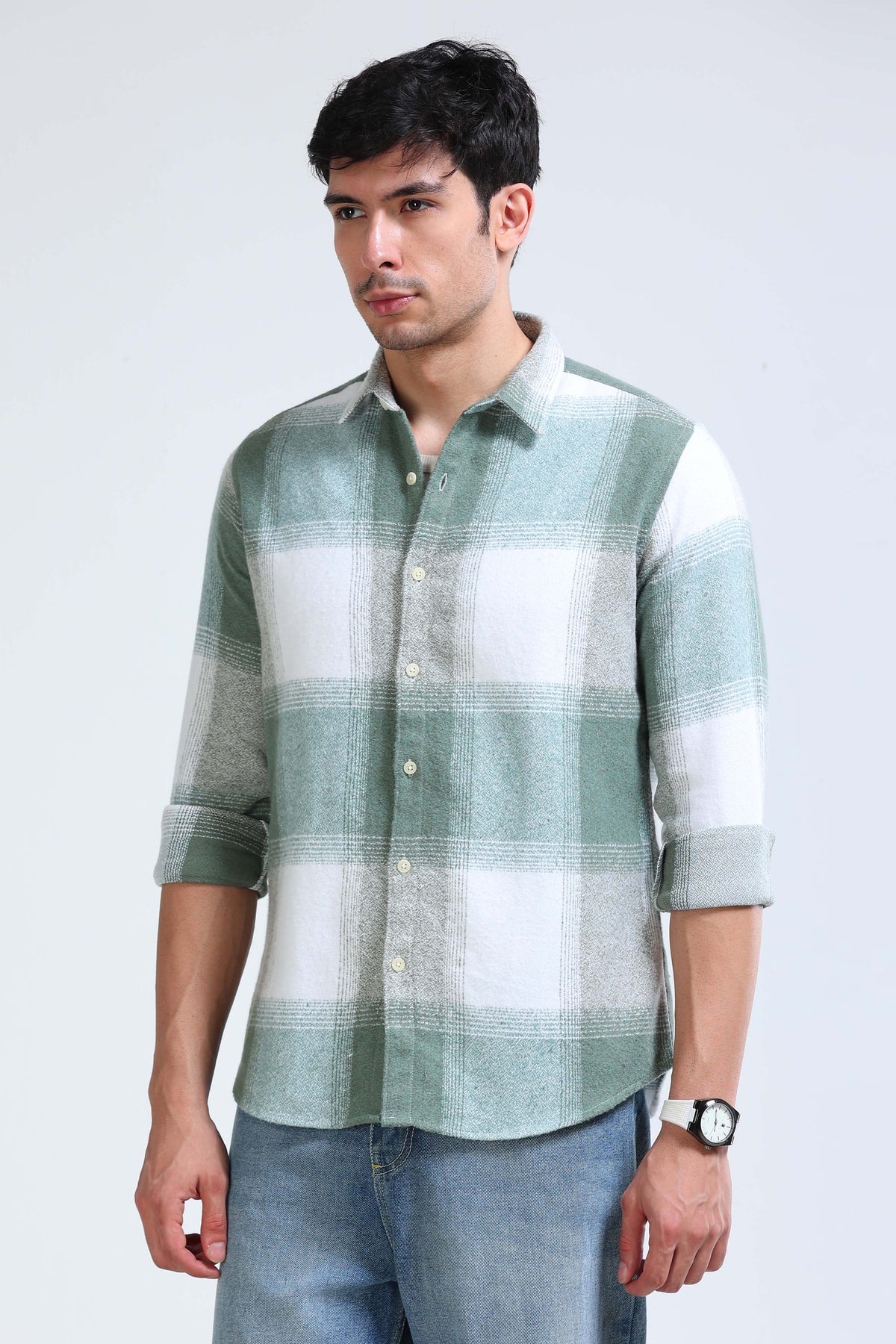 Brushing Checks Flannel Shirt Olive