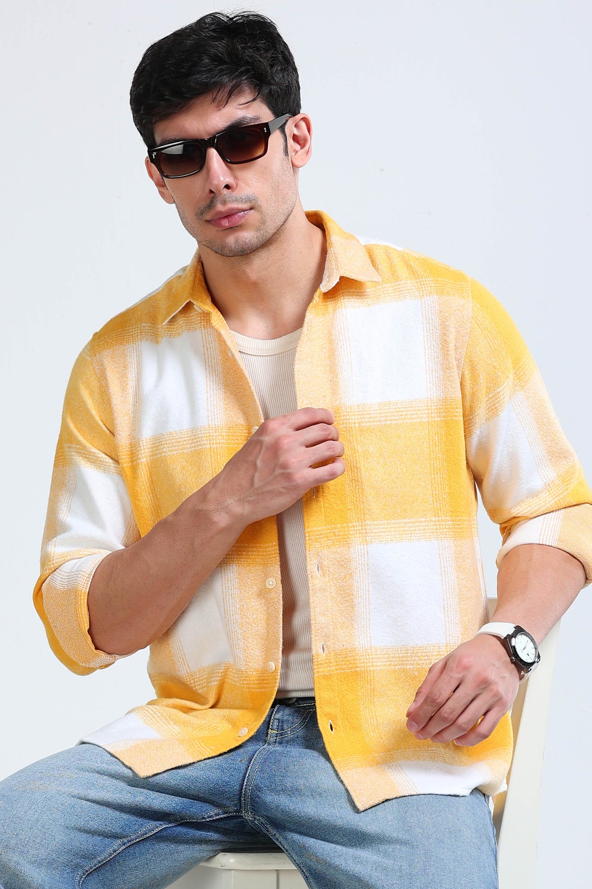 Brushing Checks Flannel Shirt Yellow White
