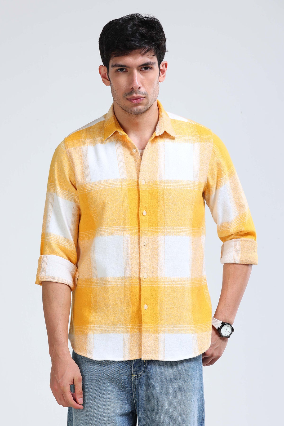 Brushing Checks Flannel Shirt Yellow White