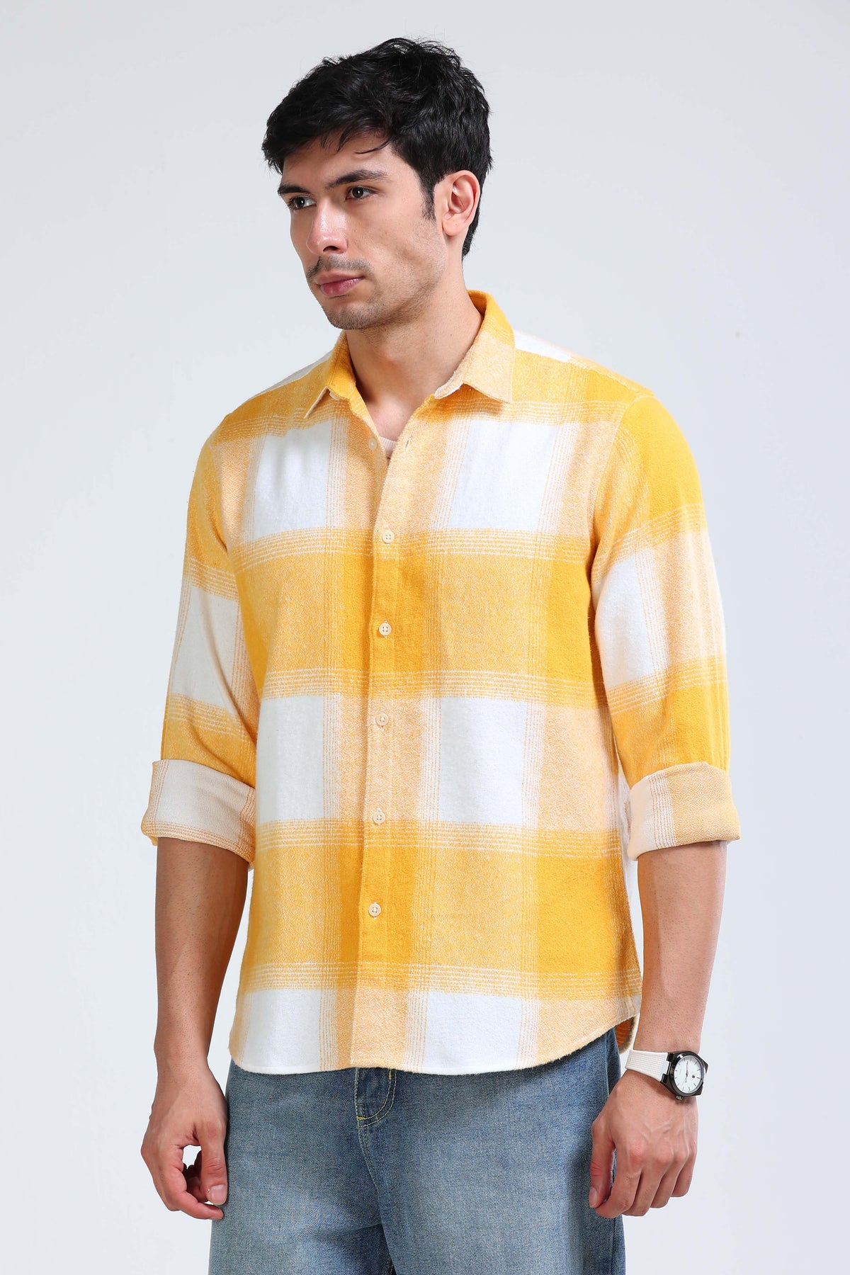 Brushing Checks Flannel Shirt Yellow White