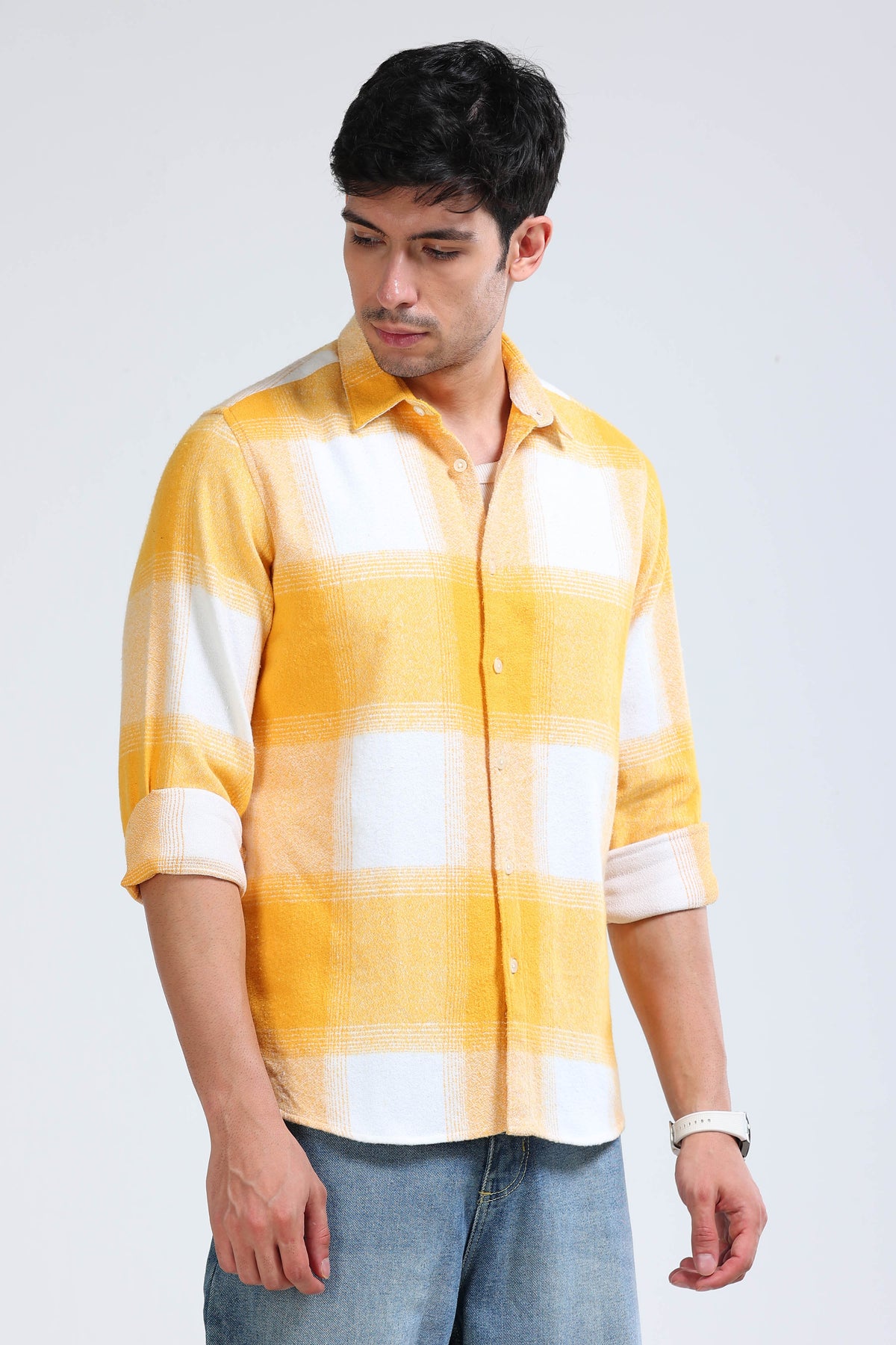 Brushing Checks Flannel Shirt Yellow White