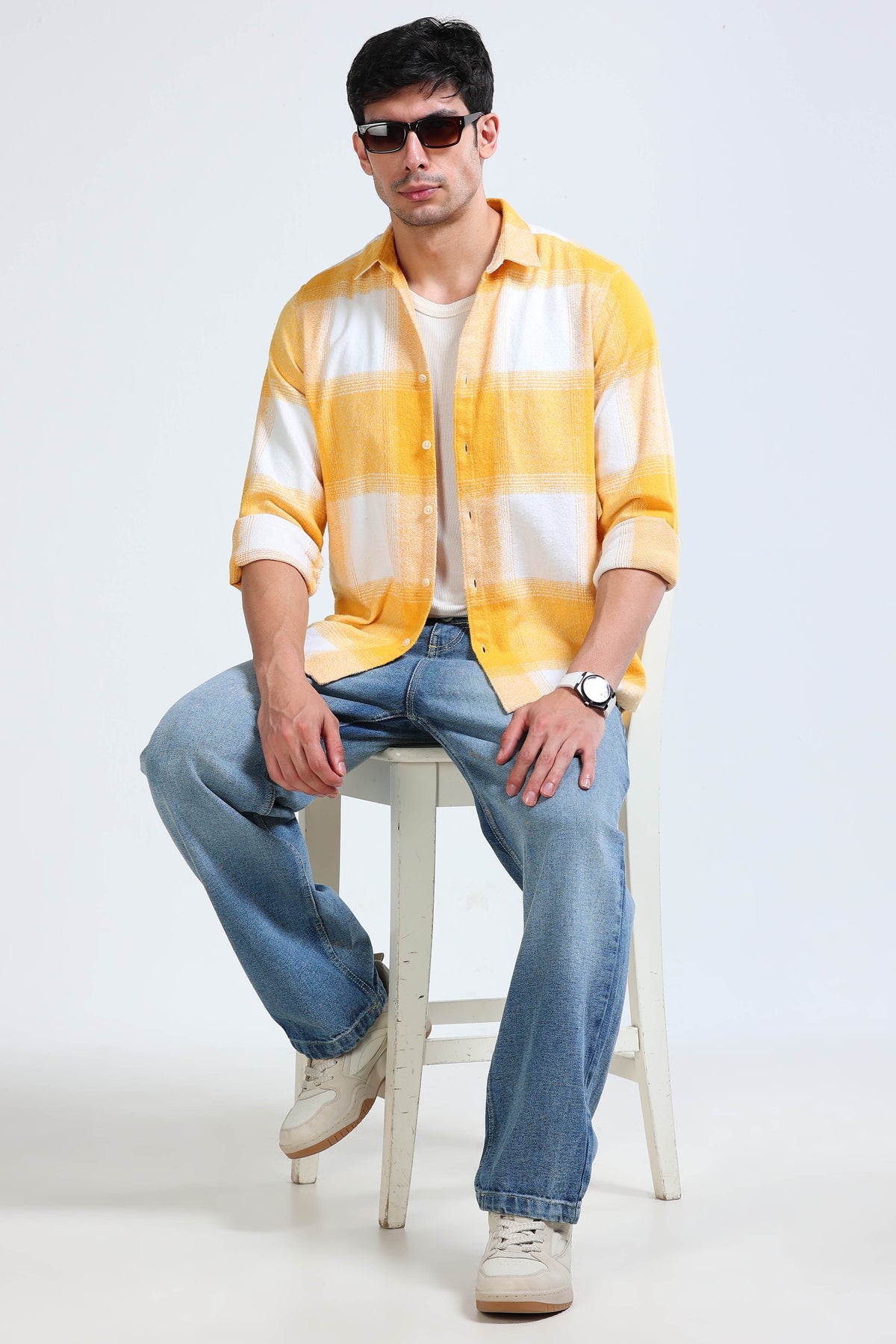 Brushing Checks Flannel Shirt Yellow White