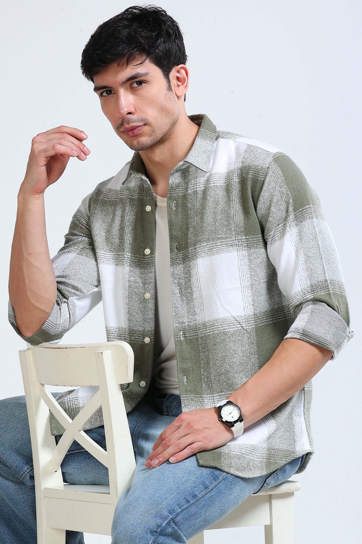 Brushing Checks Flannel Shirt Olive White