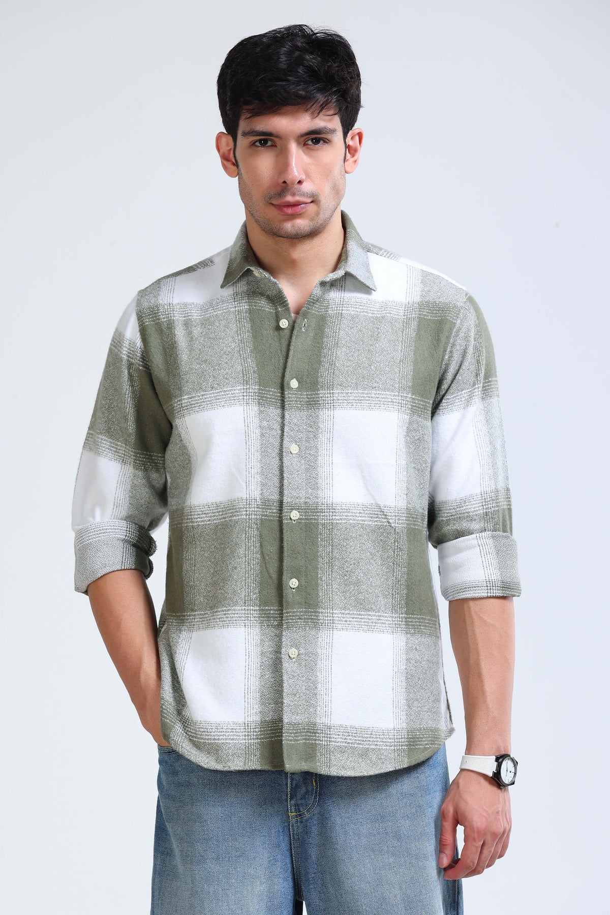 Brushing Checks Flannel Shirt Olive White