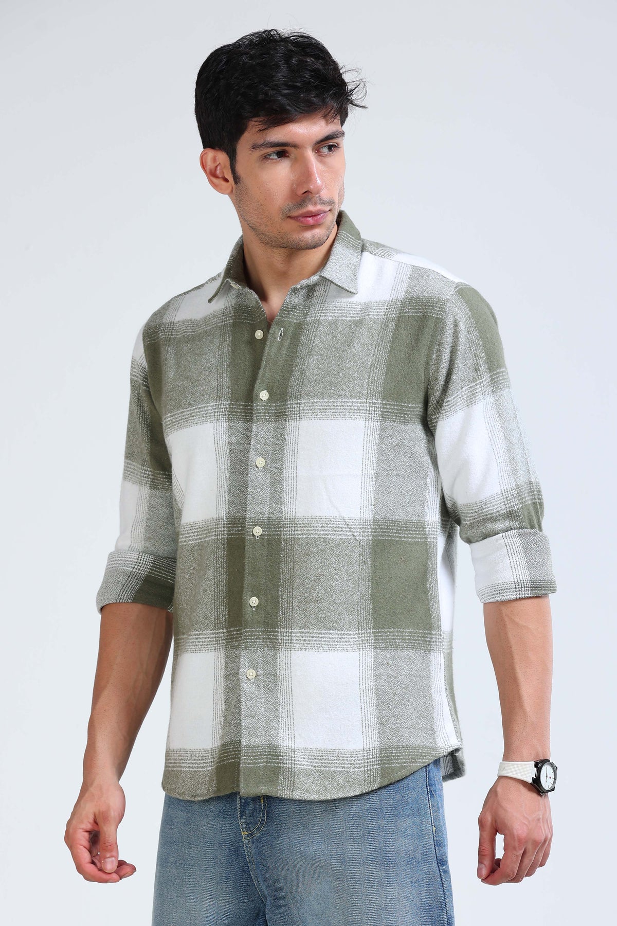 Brushing Checks Flannel Shirt Olive White