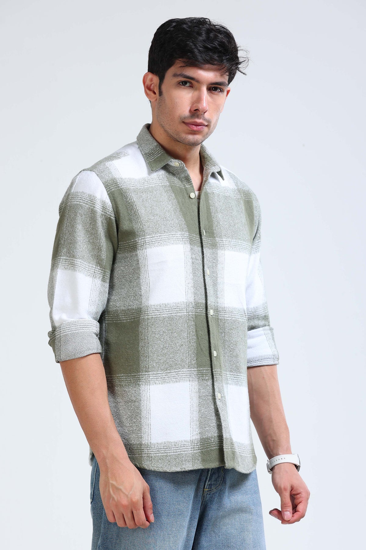 Brushing Checks Flannel Shirt Olive White