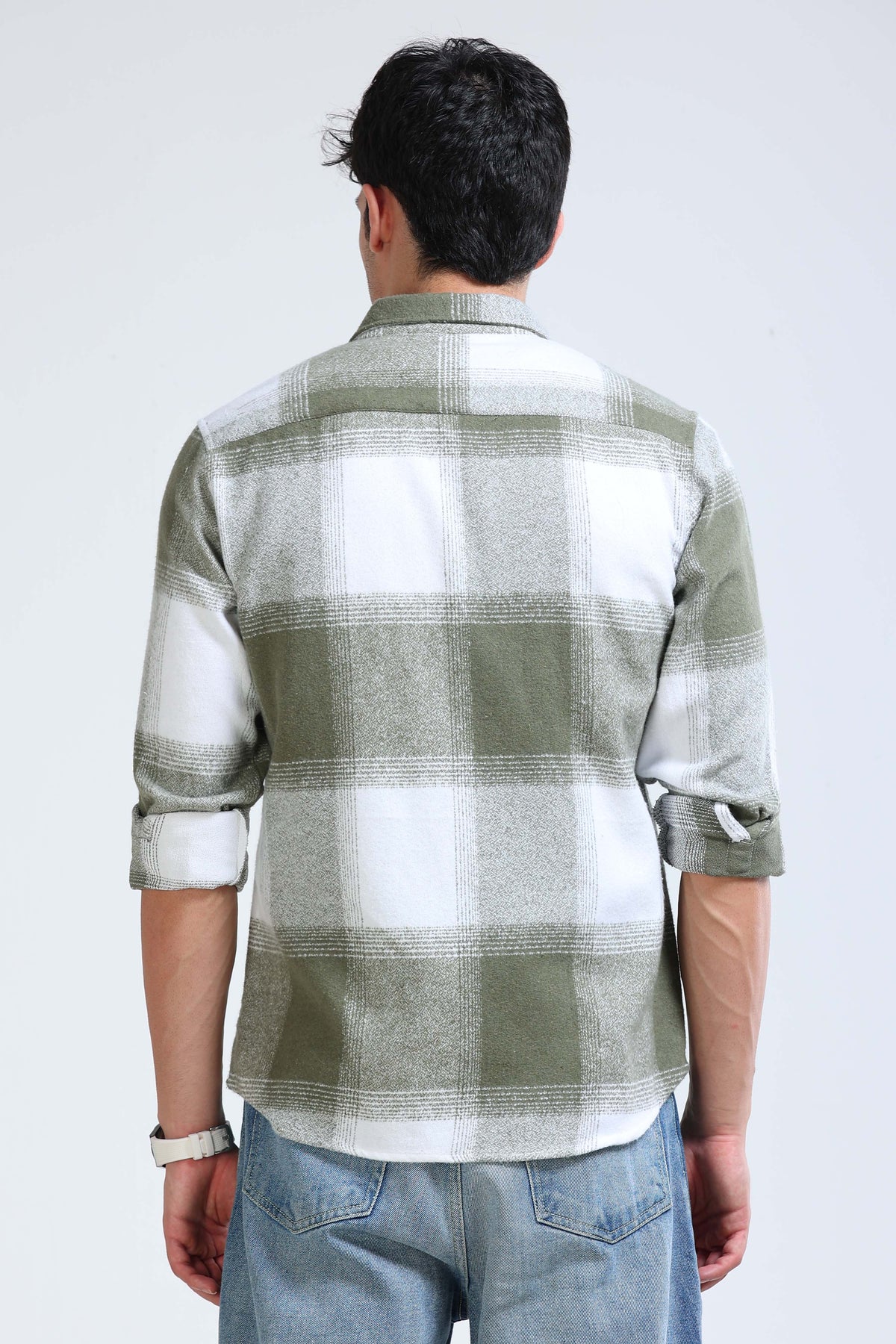 Brushing Checks Flannel Shirt Olive White