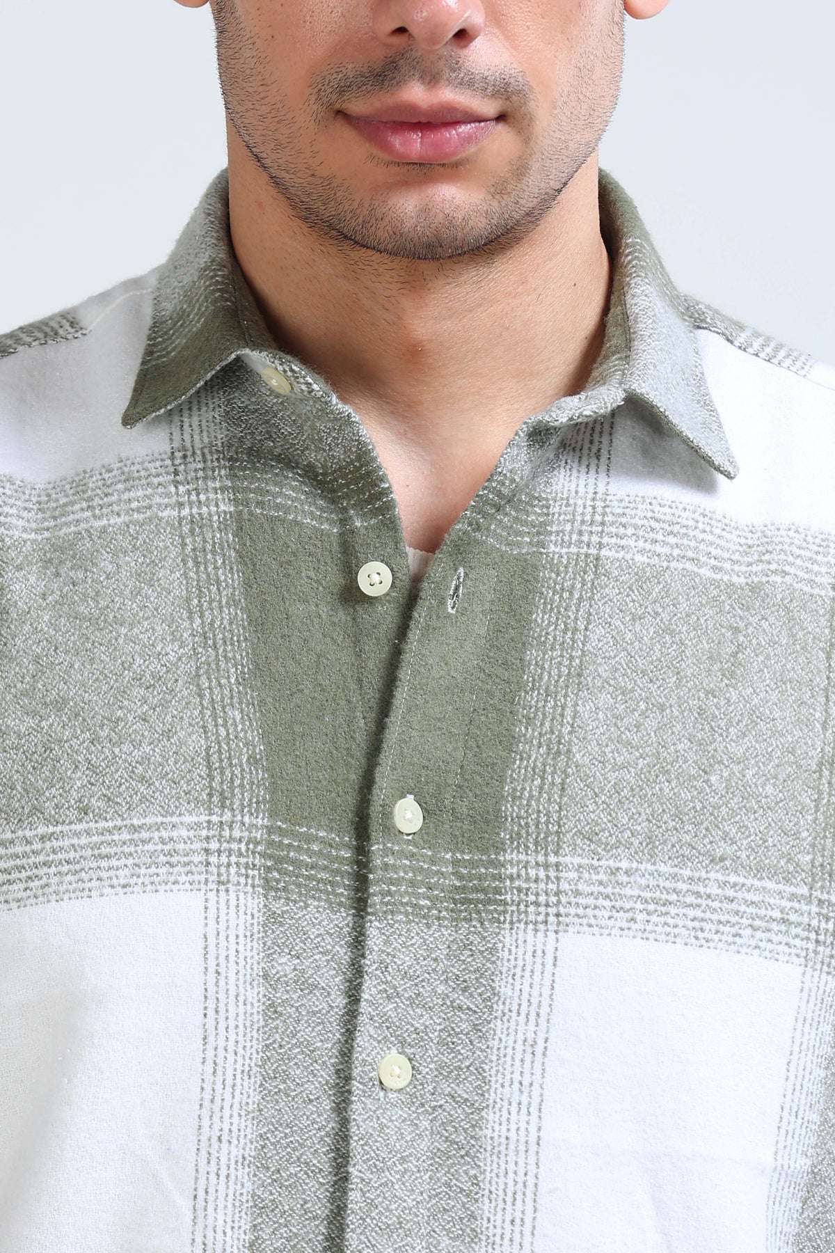 Brushing Checks Flannel Shirt Olive White
