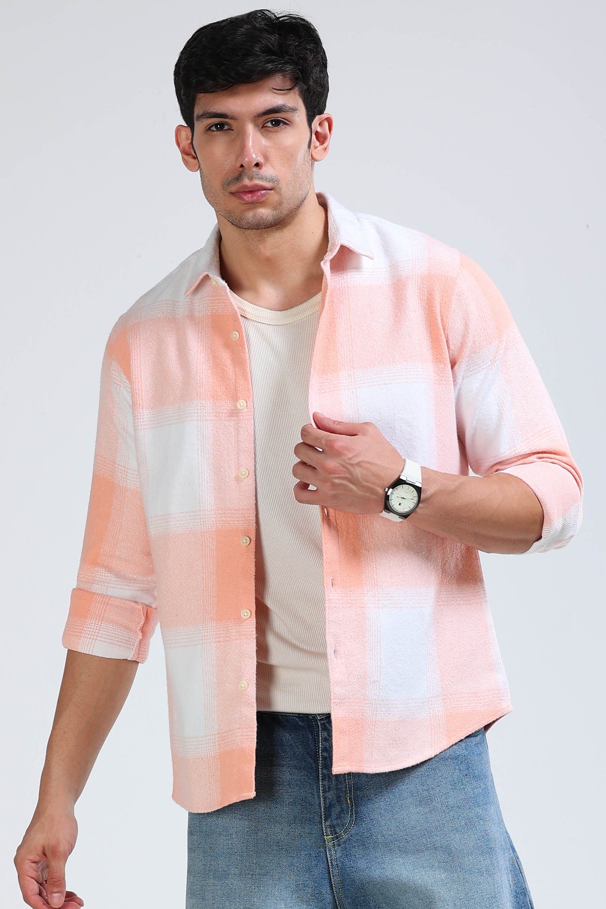 Brushing Checks Flannel Shirt Peach White