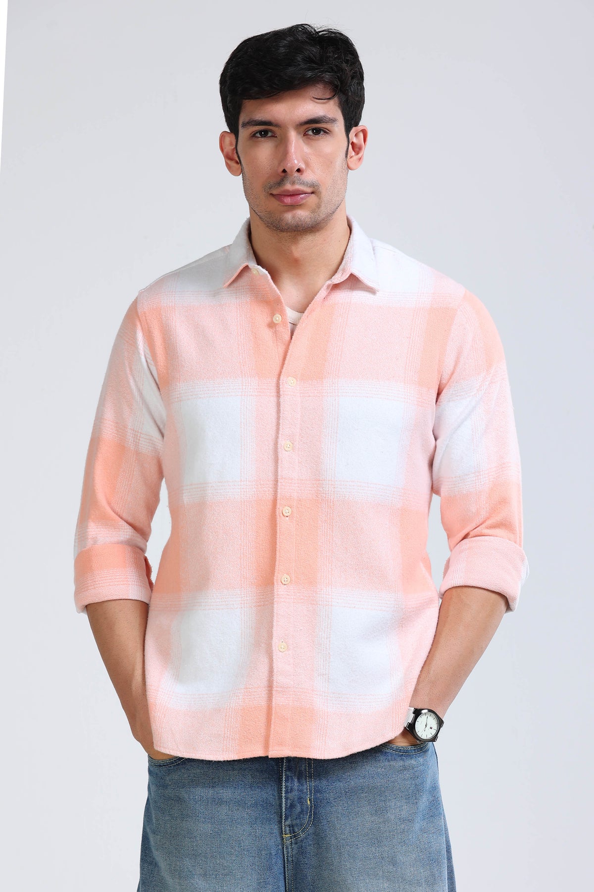 Brushing Checks Flannel Shirt Peach White