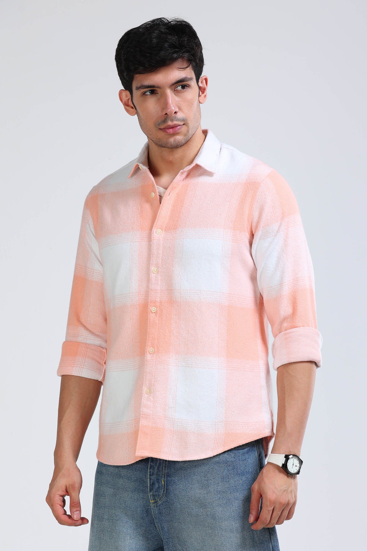 Brushing Checks Flannel Shirt Peach White