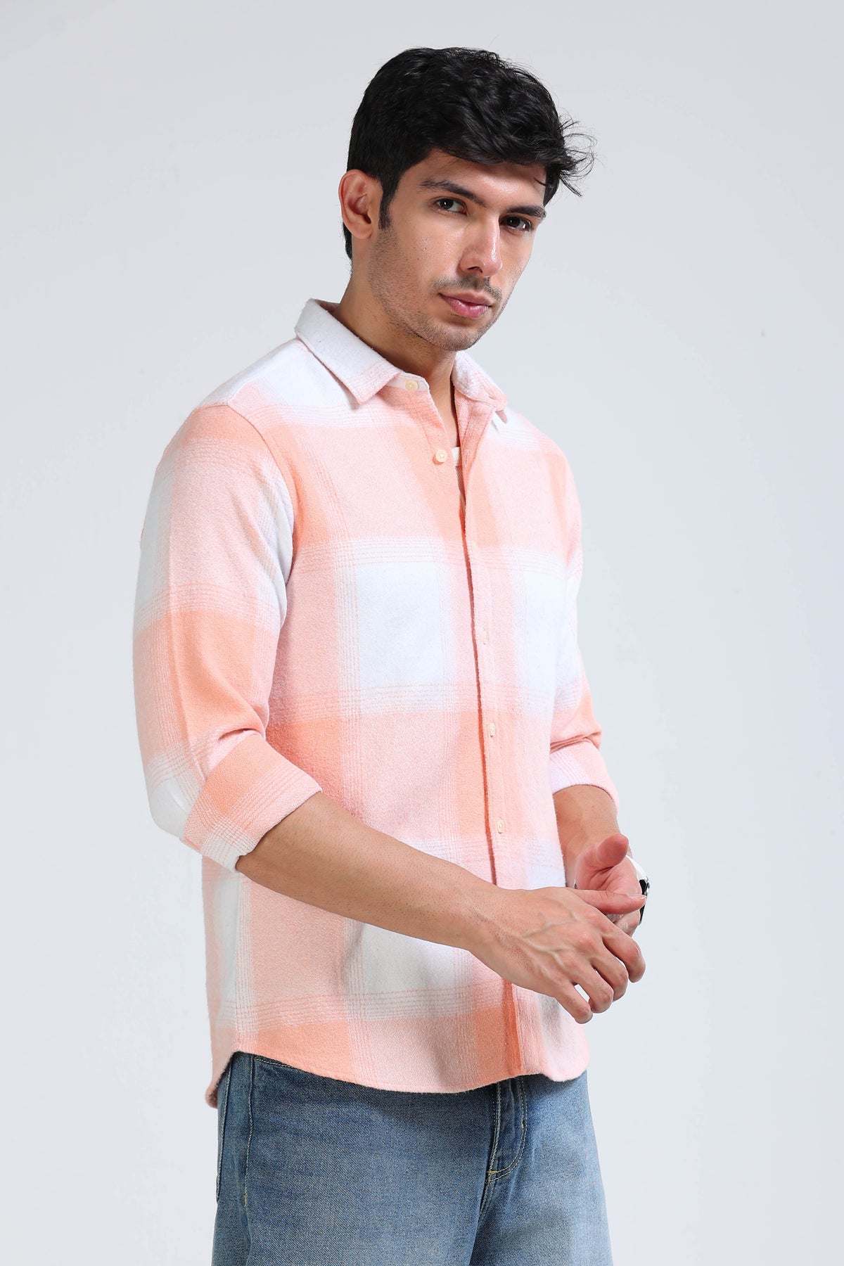 Brushing Checks Flannel Shirt Peach White