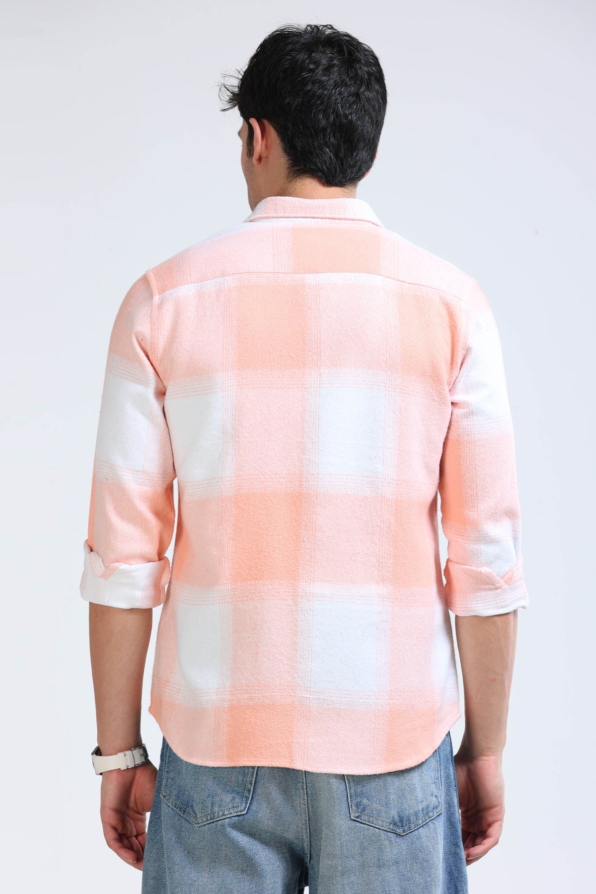 Brushing Checks Flannel Shirt Peach White