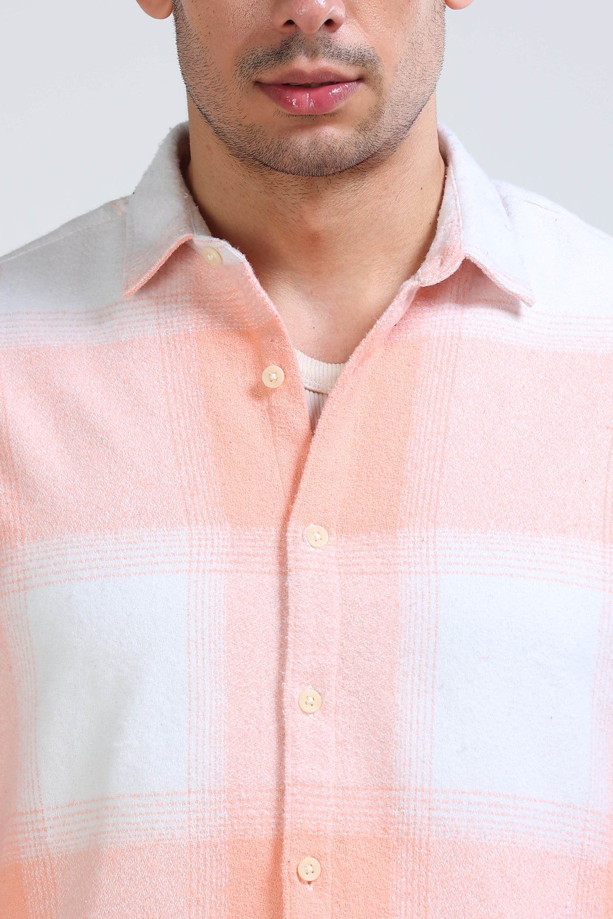 Brushing Checks Flannel Shirt Peach White