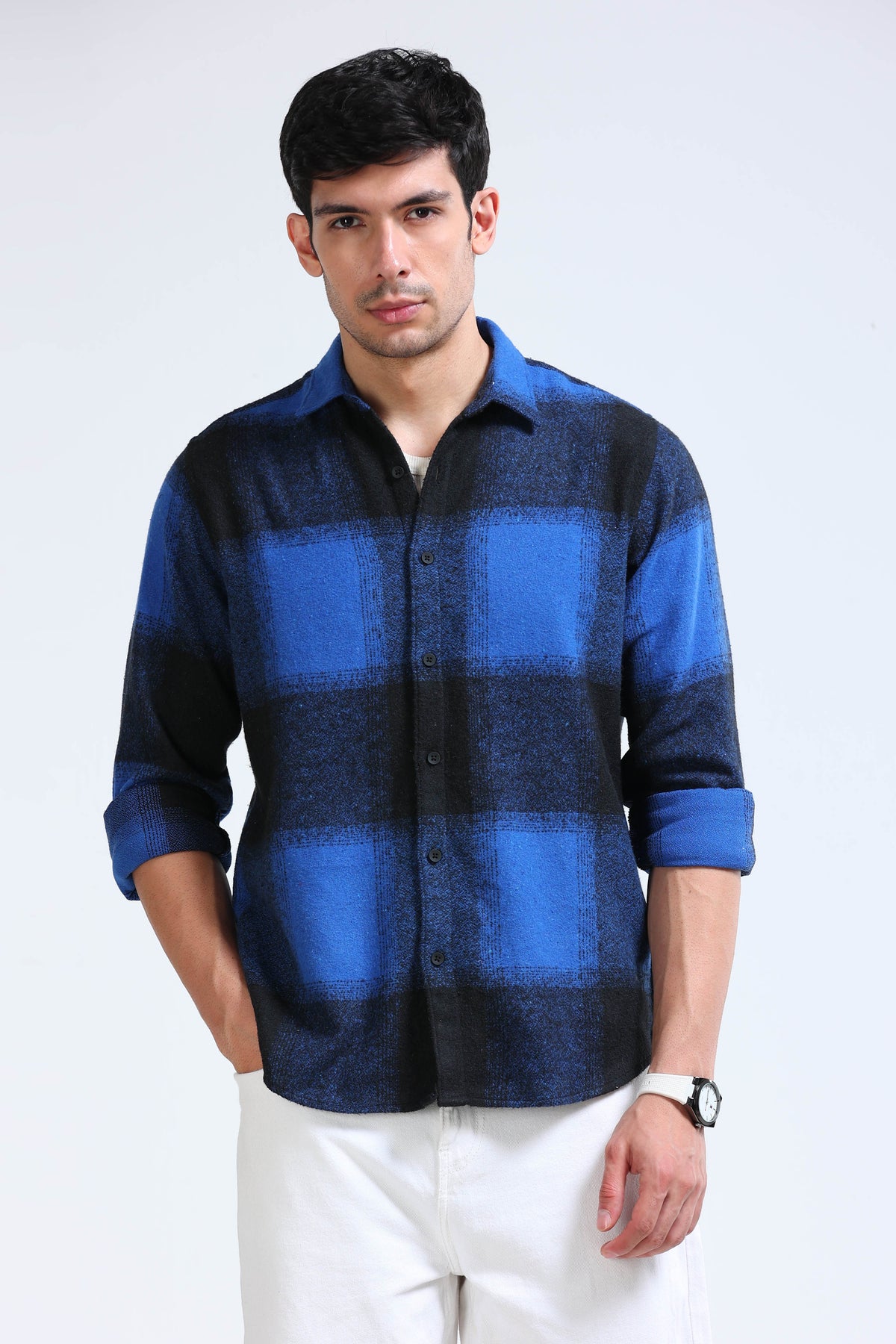 Brushing Checks Flannel Shirt Blue Black