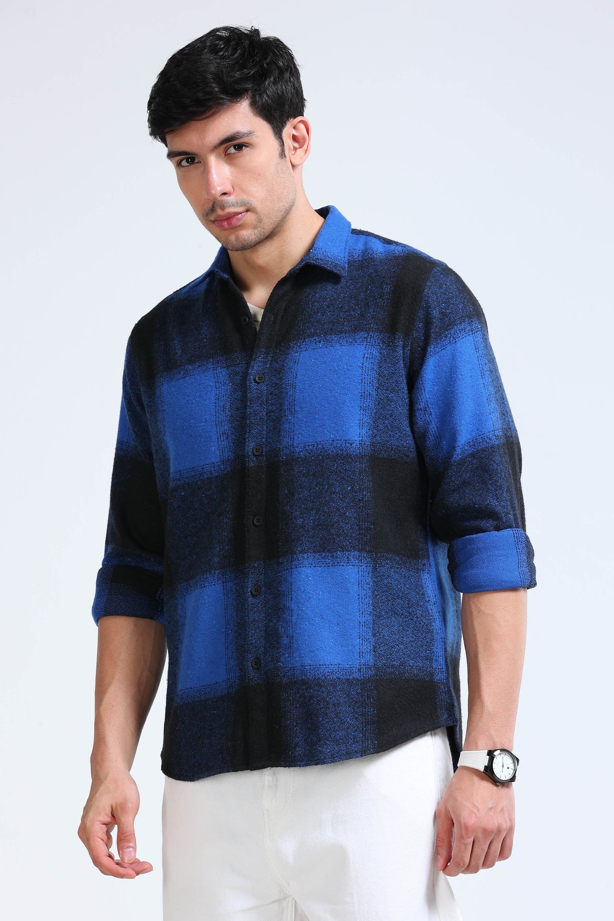 Brushing Checks Flannel Shirt Blue Black