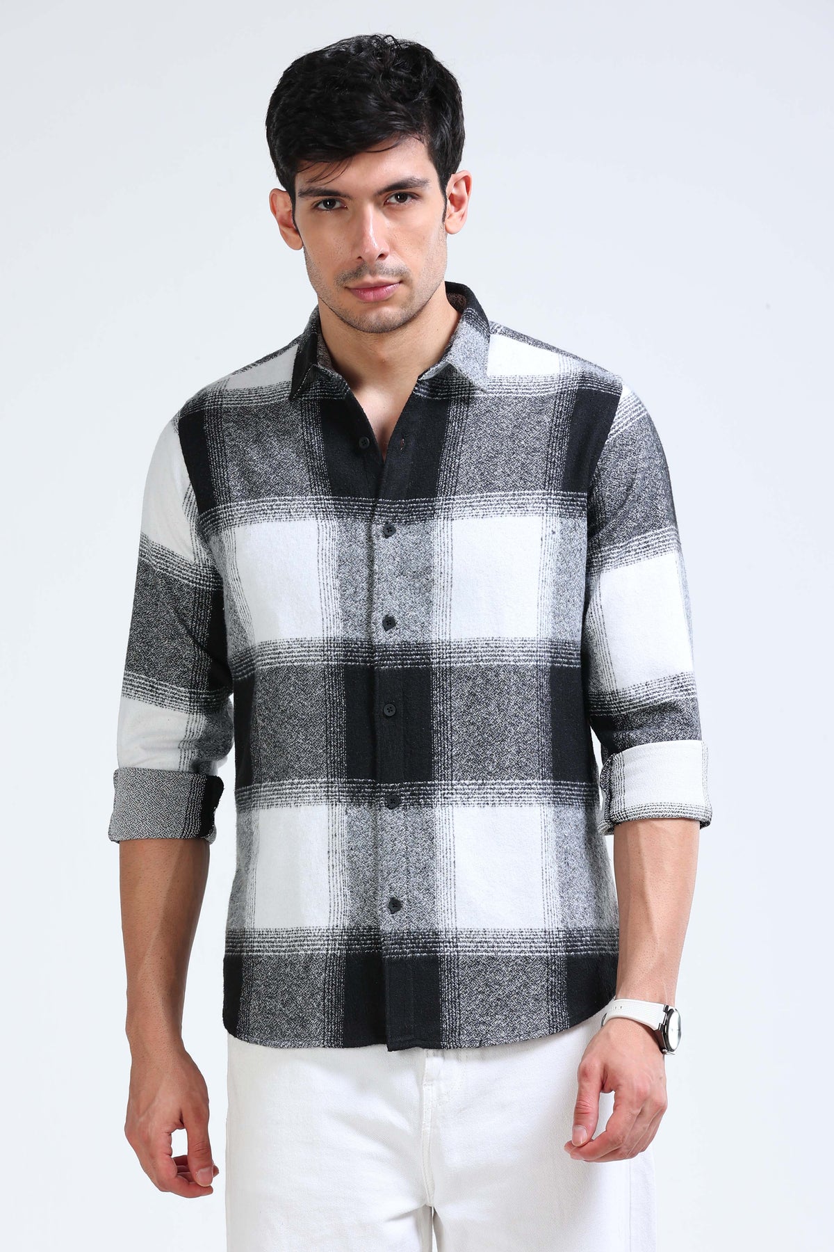 Brushing Checks Flannel Shirt Black White