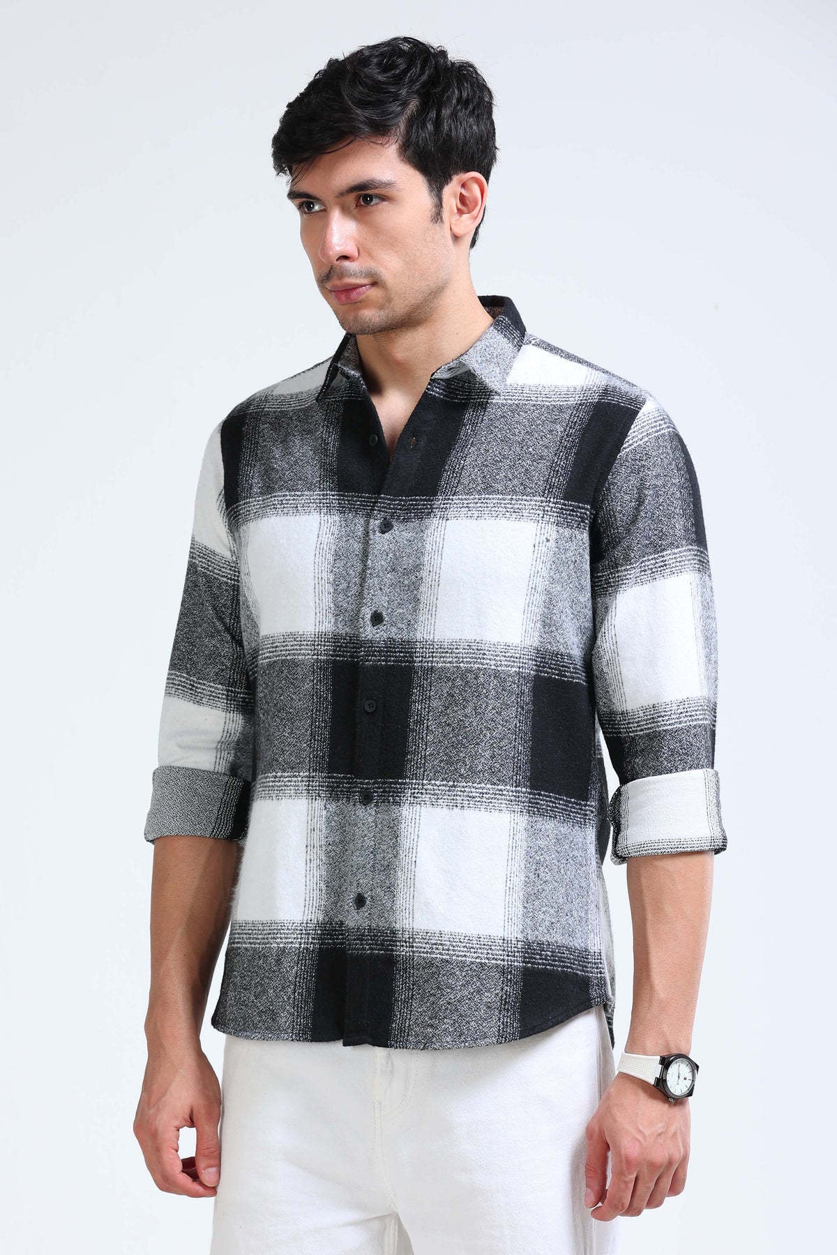 Brushing Checks Flannel Shirt Black White