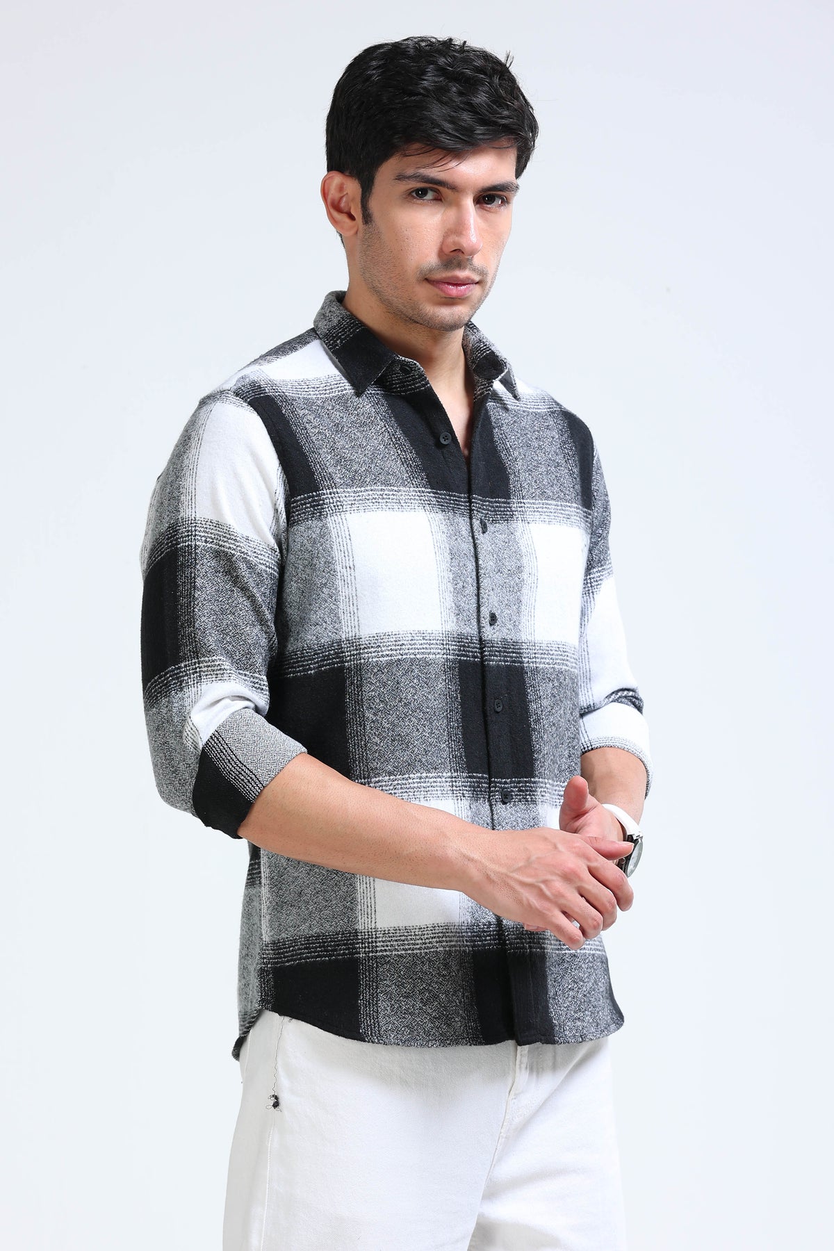 Brushing Checks Flannel Shirt Black White