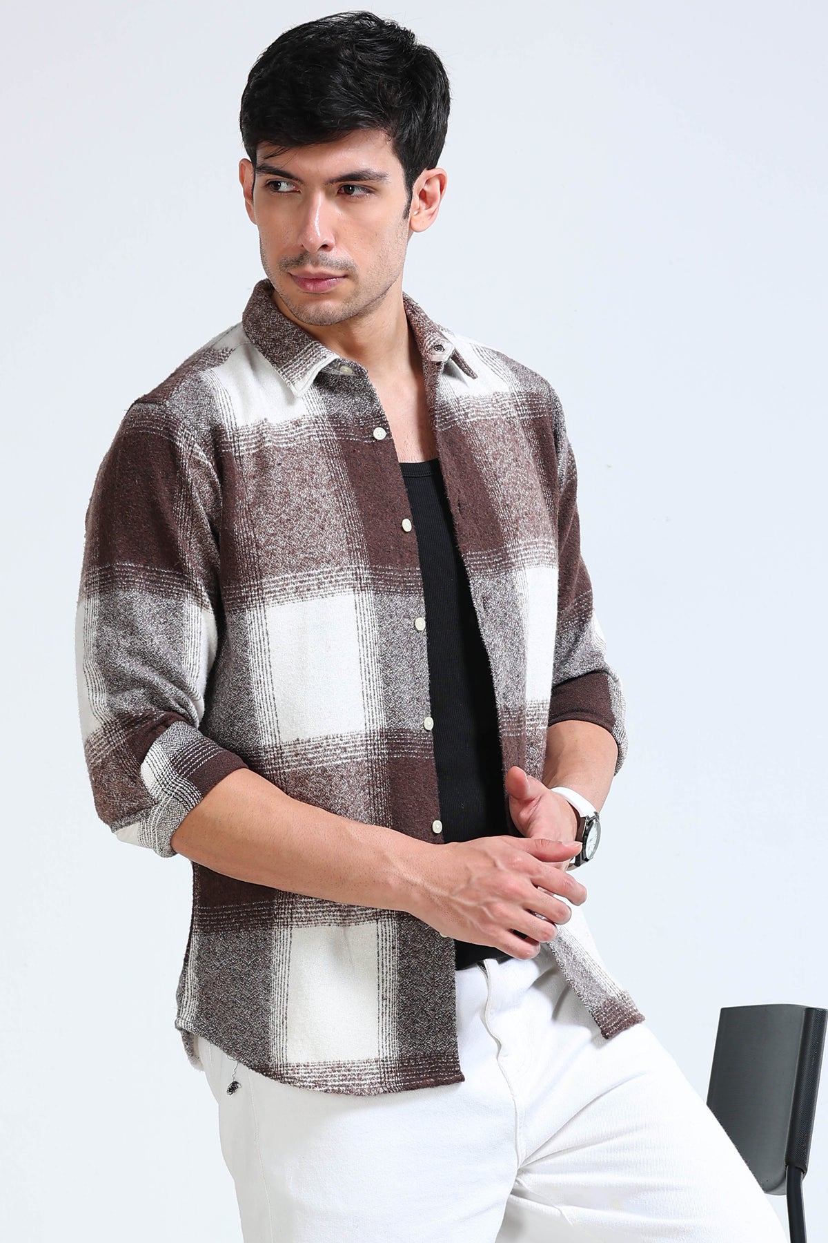 Brushing Checks Flannel Shirt Brown