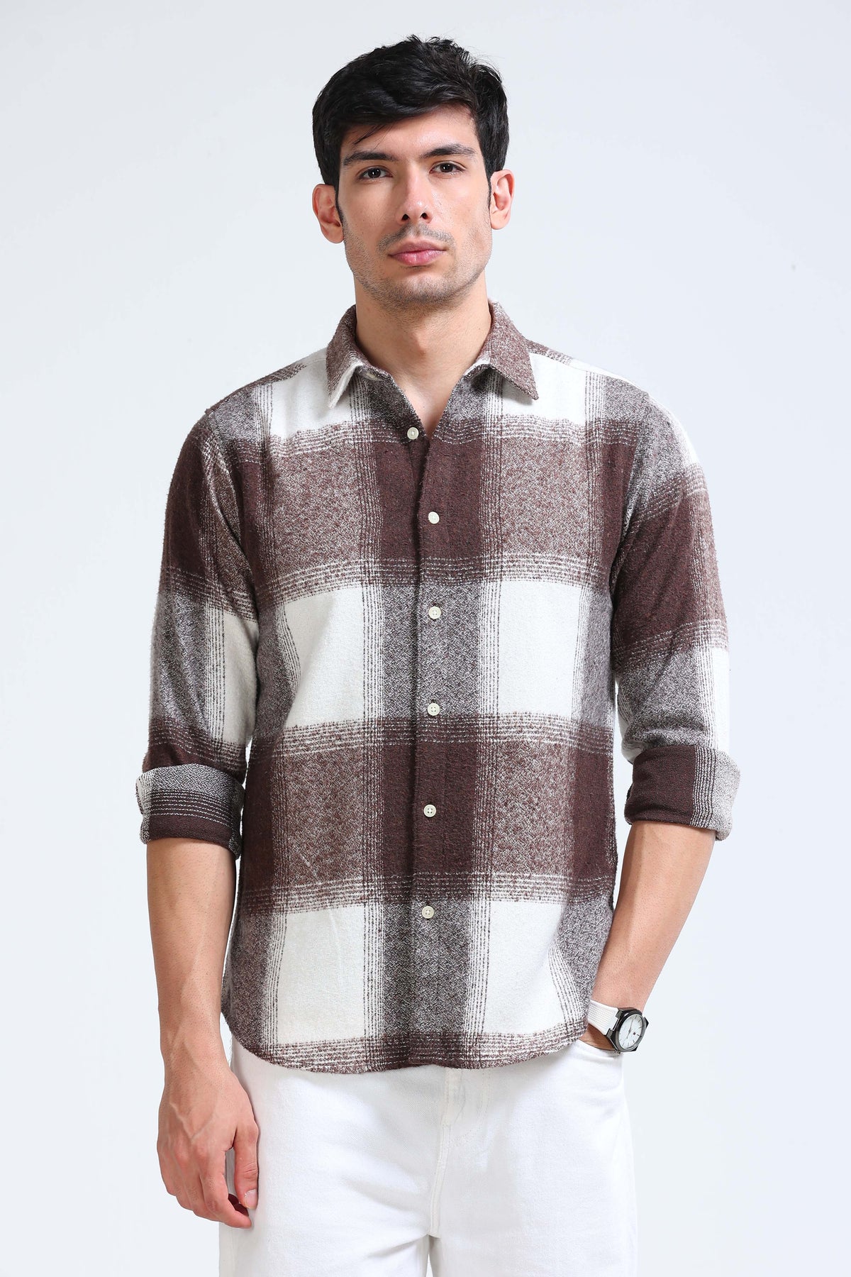Brushing Checks Flannel Shirt Brown